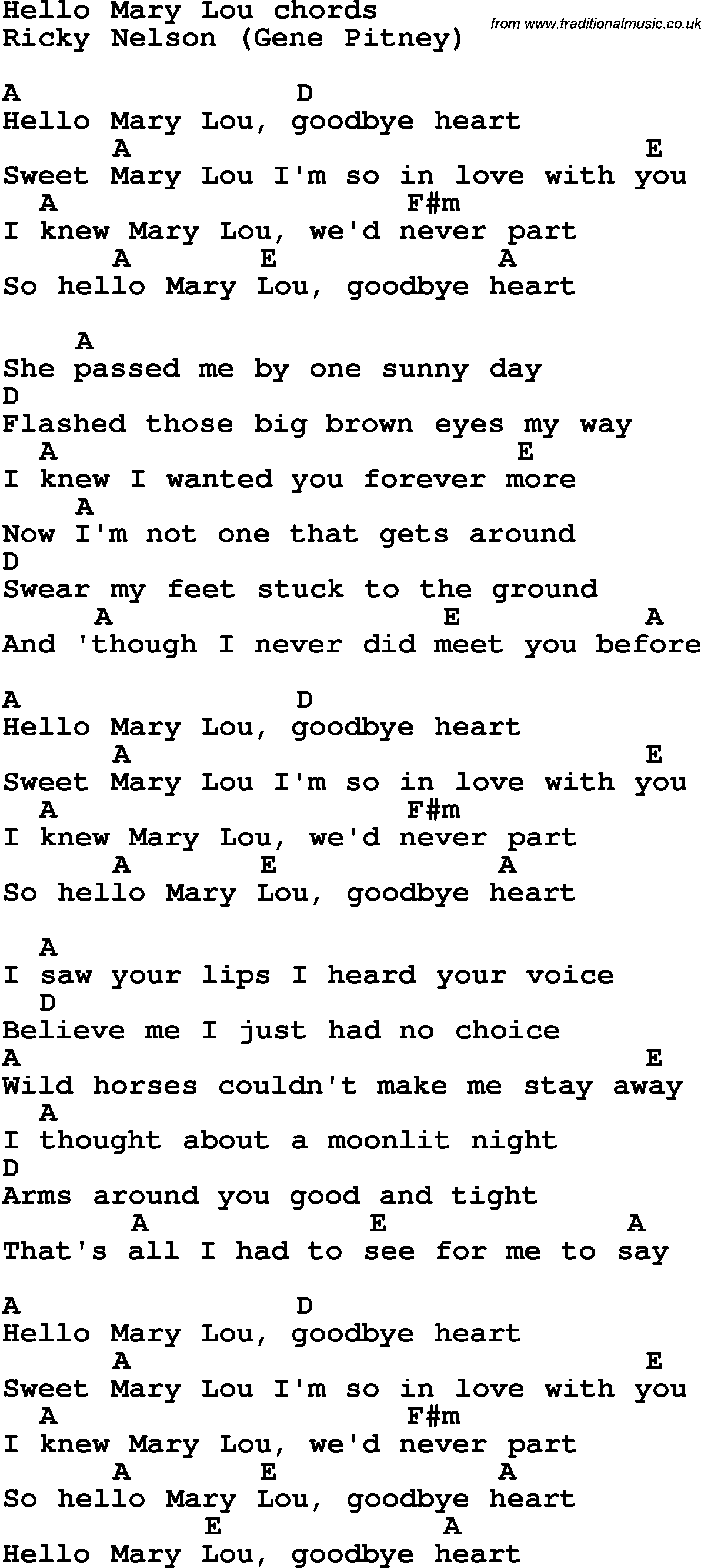 Song Lyrics with guitar chords for Hello Mary Lou