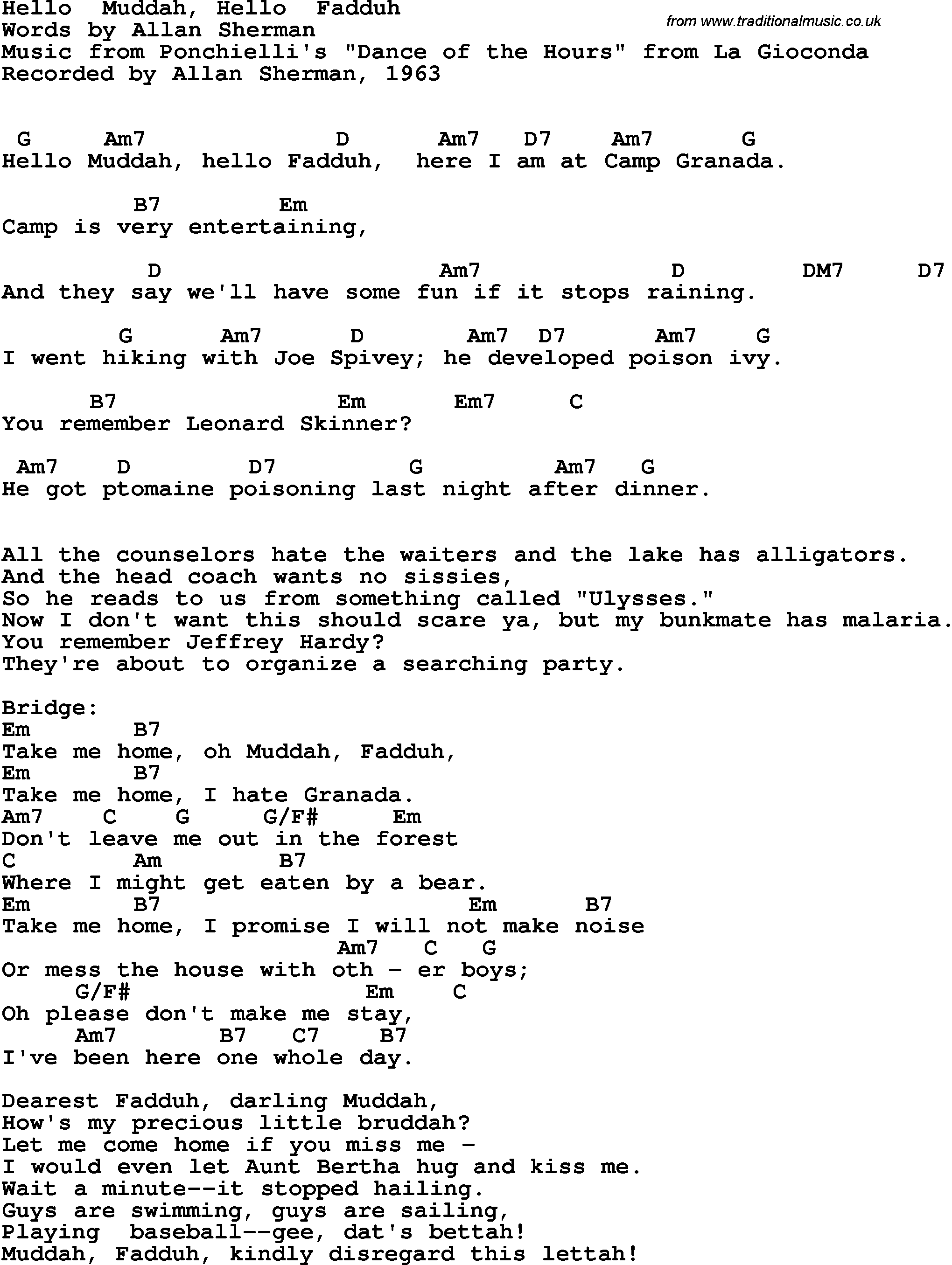 Song Lyrics with guitar chords for Hello Muddah, Hello Fadduh - Allan Sherman, 1963