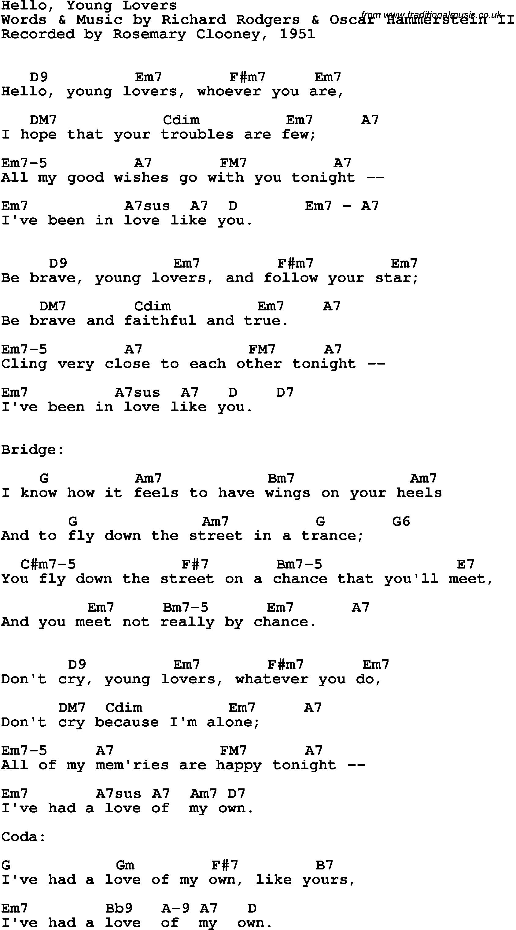 Song Lyrics with guitar chords for Hello, Young Lovers - Rosemary Clooney, 1951