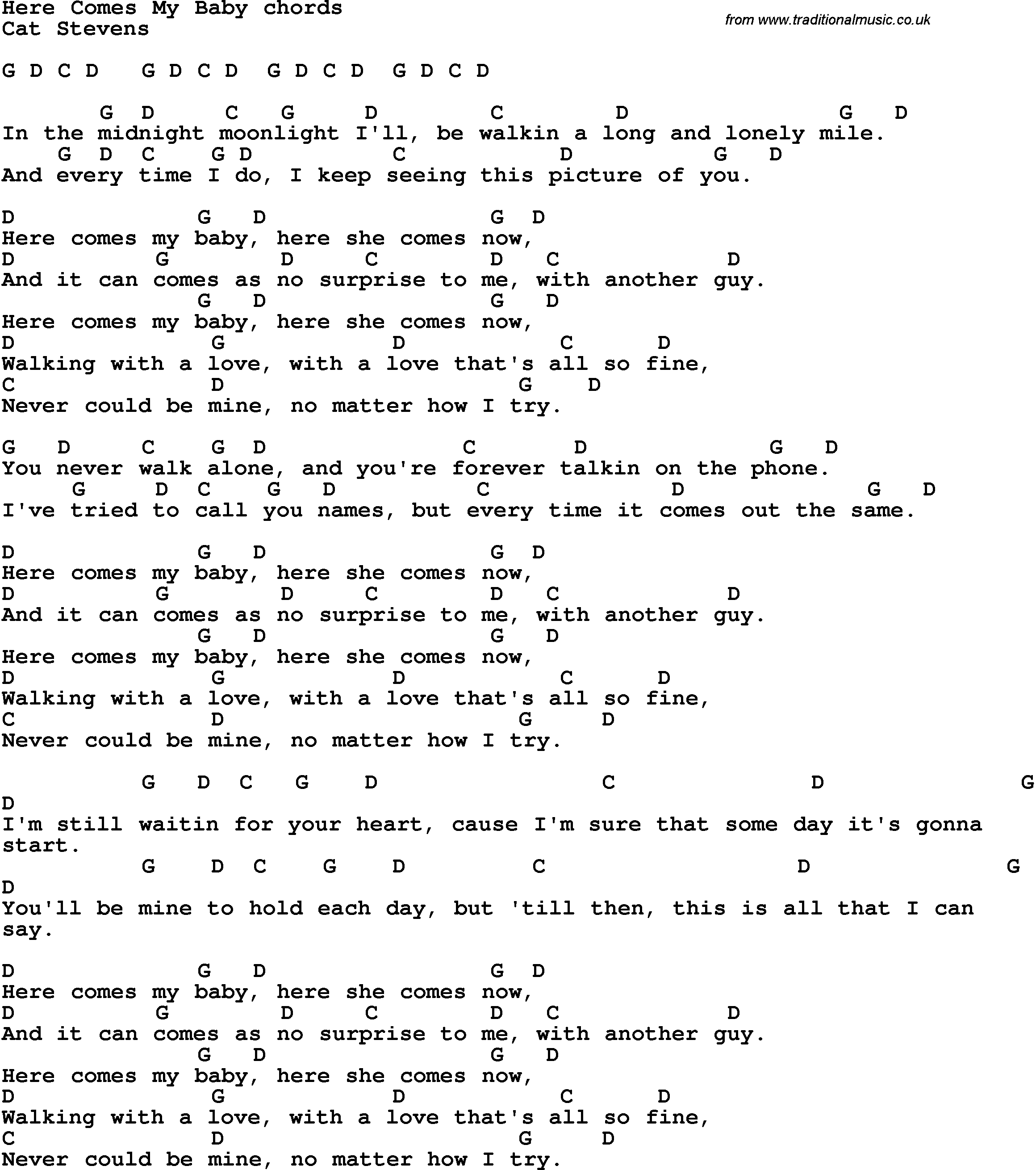 Song Lyrics with guitar chords for Here Comes My Baby