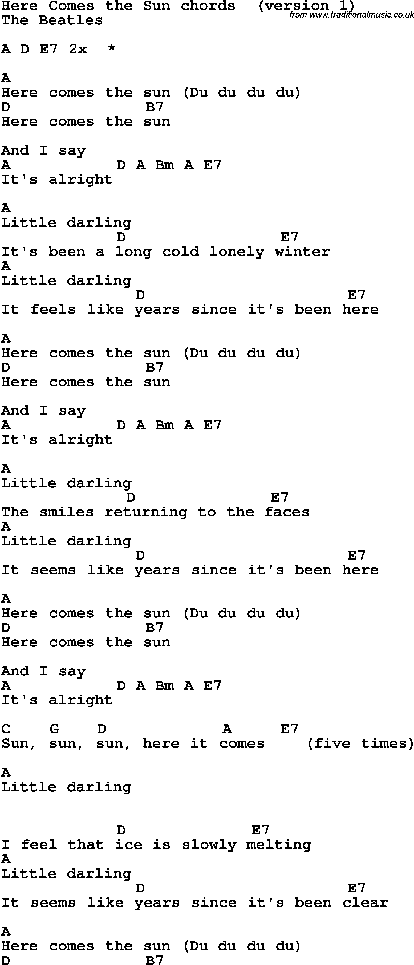 Song Lyrics with guitar chords for Here Comes The Sun - The Beatles