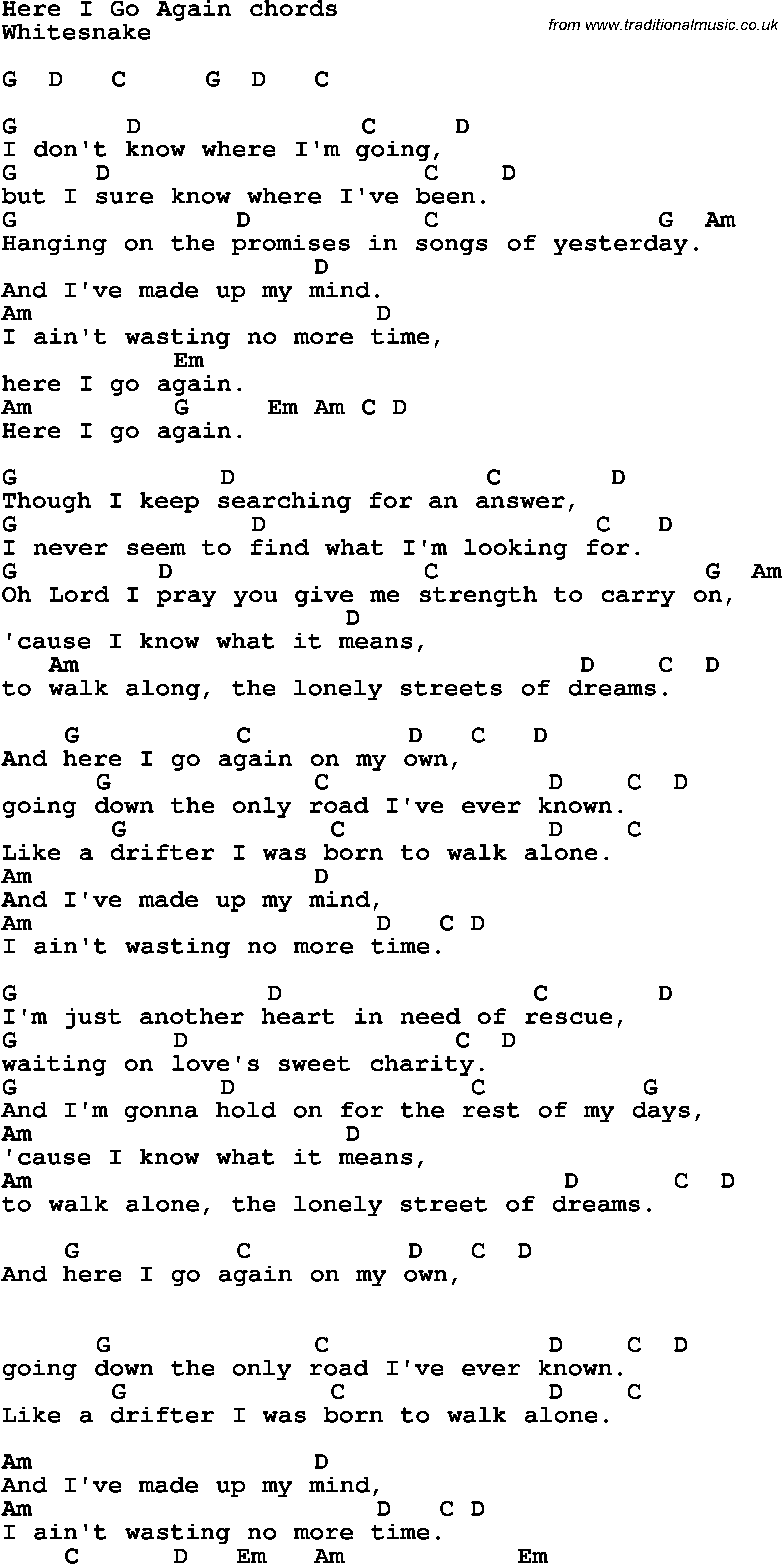 Song Lyrics with guitar chords for Here I Go Again