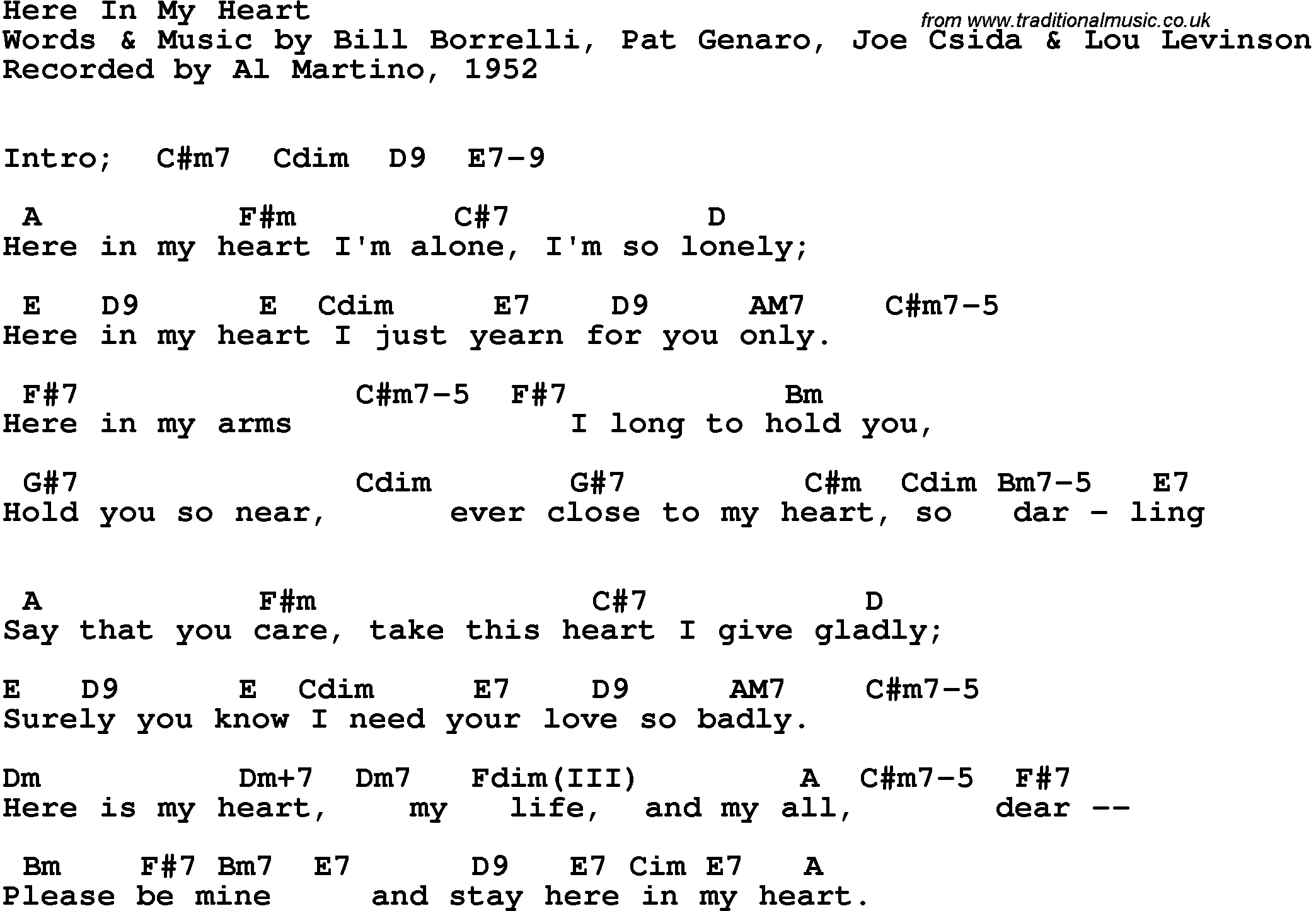 Song Lyrics with guitar chords for Here In My Heart - Al Martino, 1952