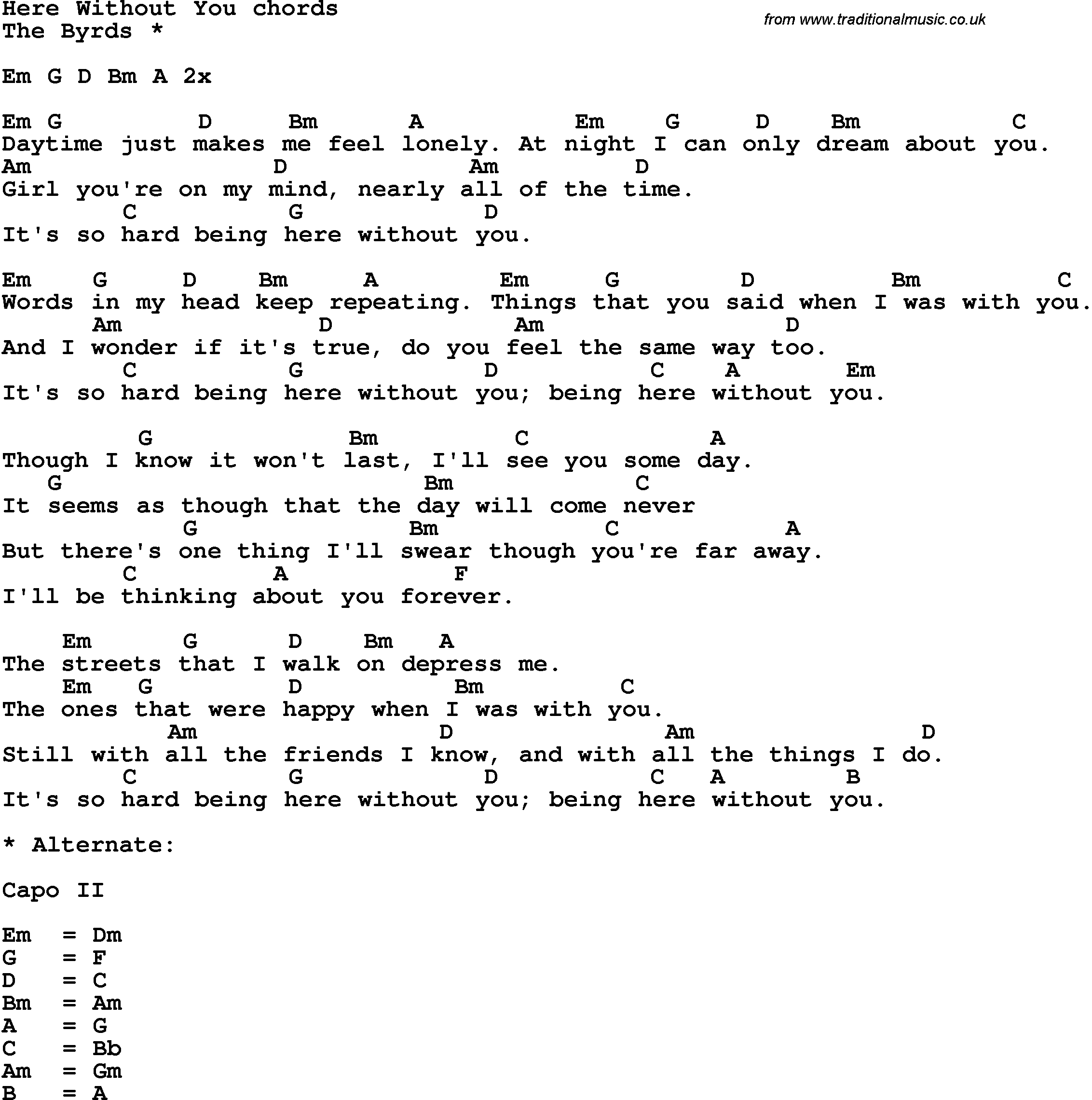 Song Lyrics with guitar chords for Here Without You