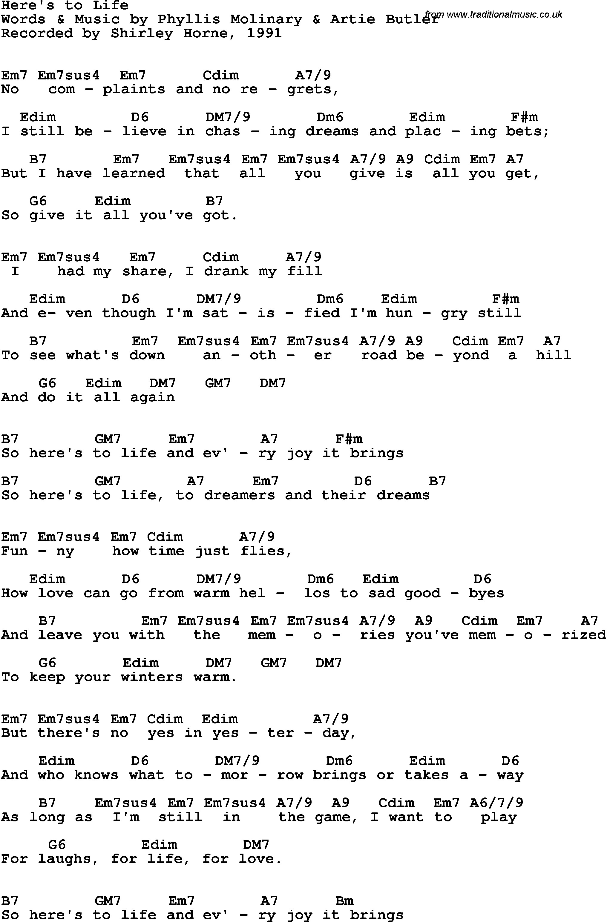 Song Lyrics with guitar chords for Here's To Life - Shirley Horne, 1991