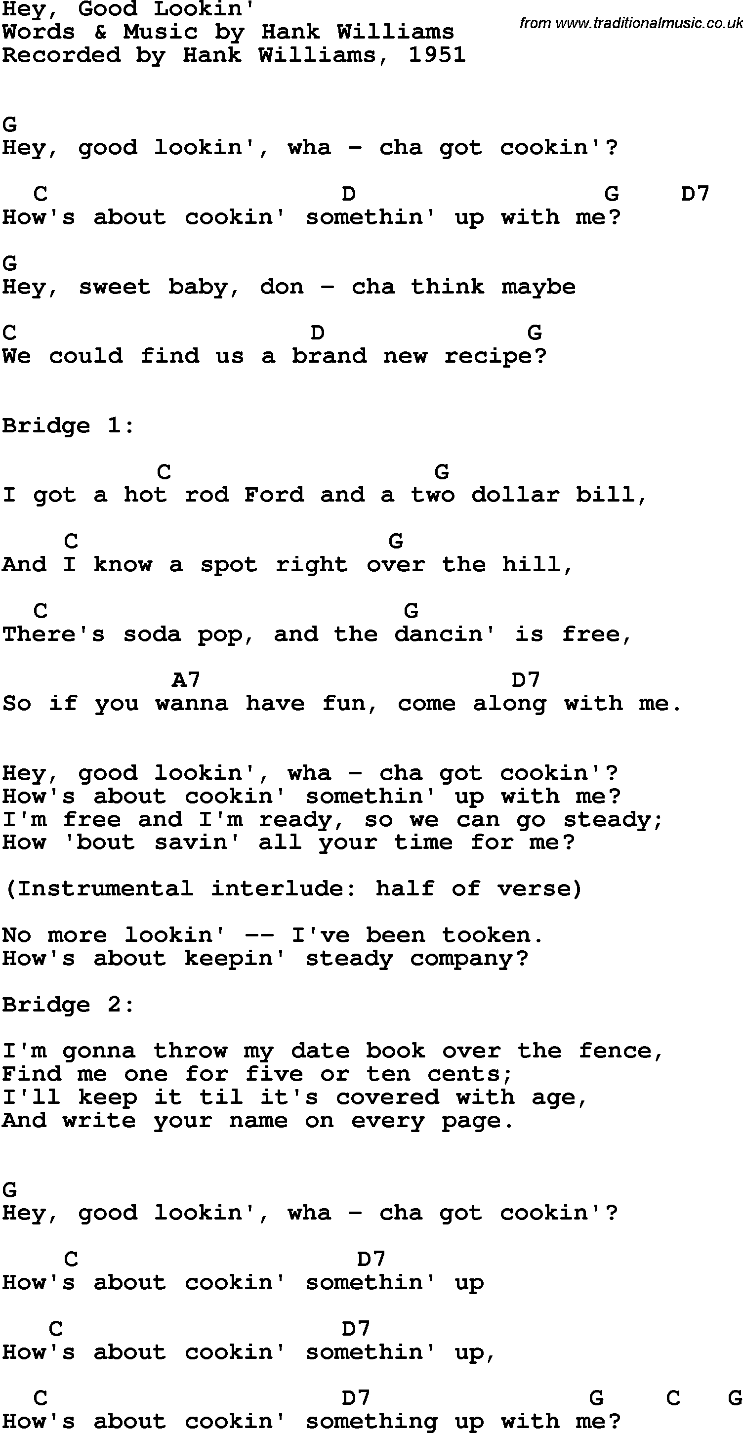 Song Lyrics with guitar chords for Hey Good Lookin' - Hank Williams, 1951