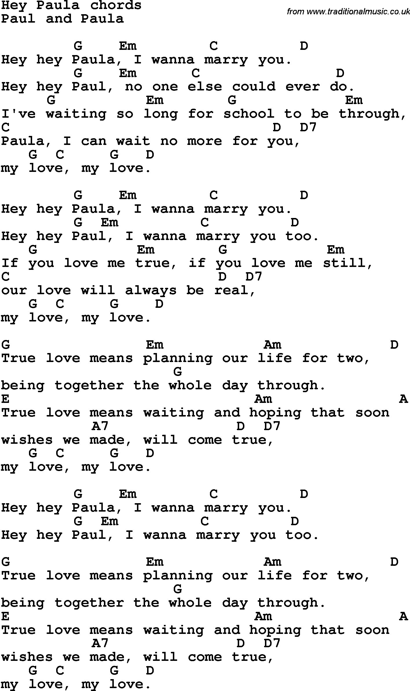 Song Lyrics with guitar chords for Hey Paula