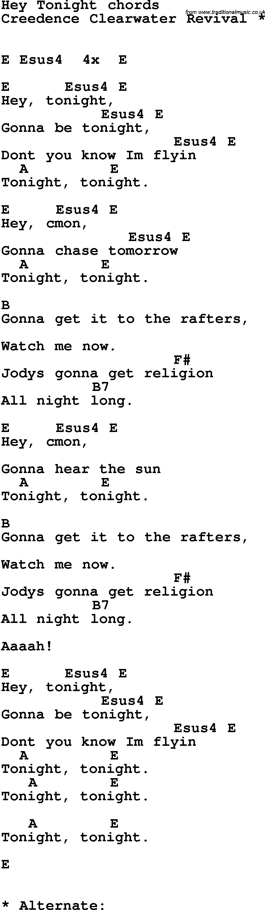 Song Lyrics with guitar chords for Hey Tonight