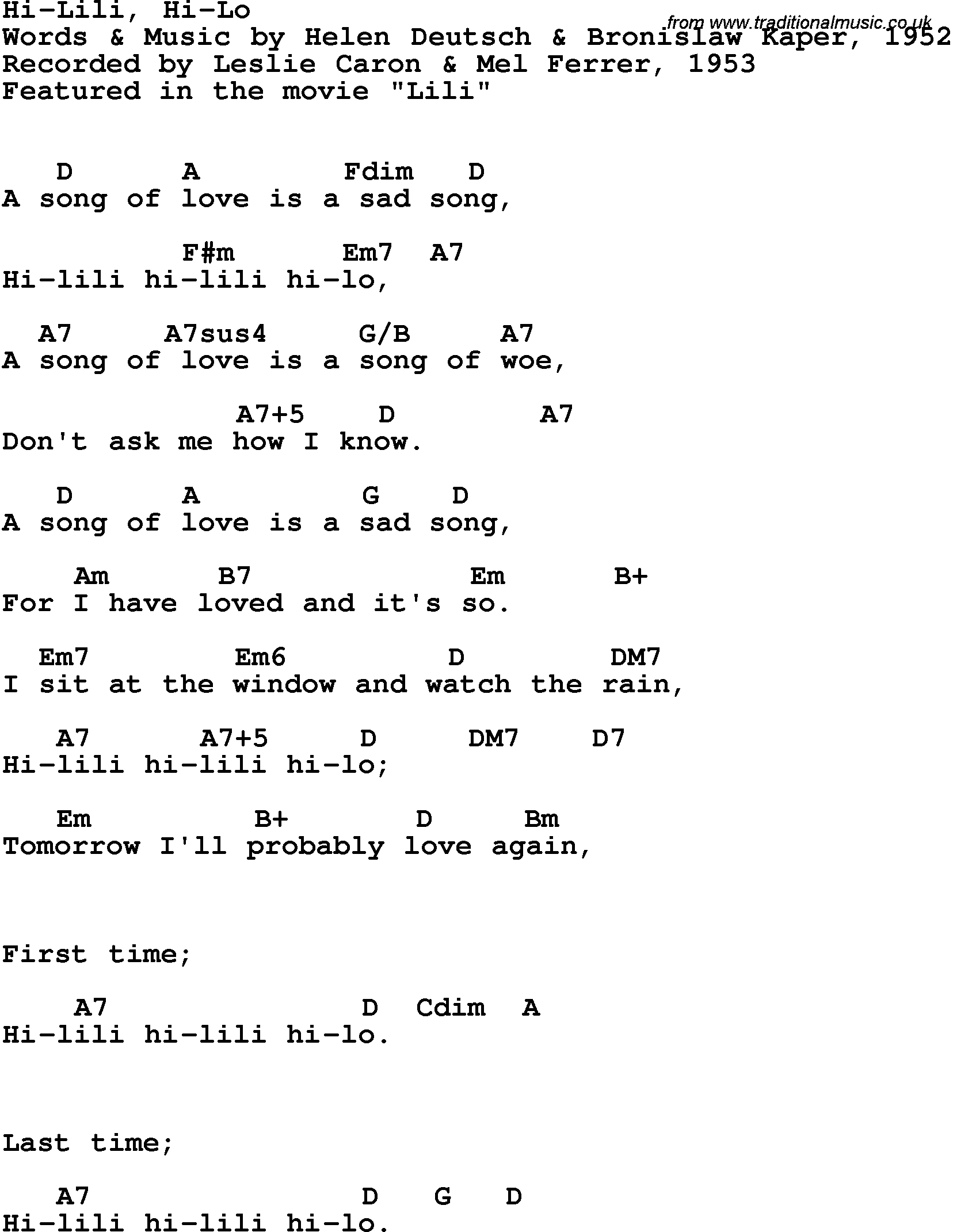 Song Lyrics with guitar chords for Hi-lili, Hi-lo - Leslie Caron, 1953