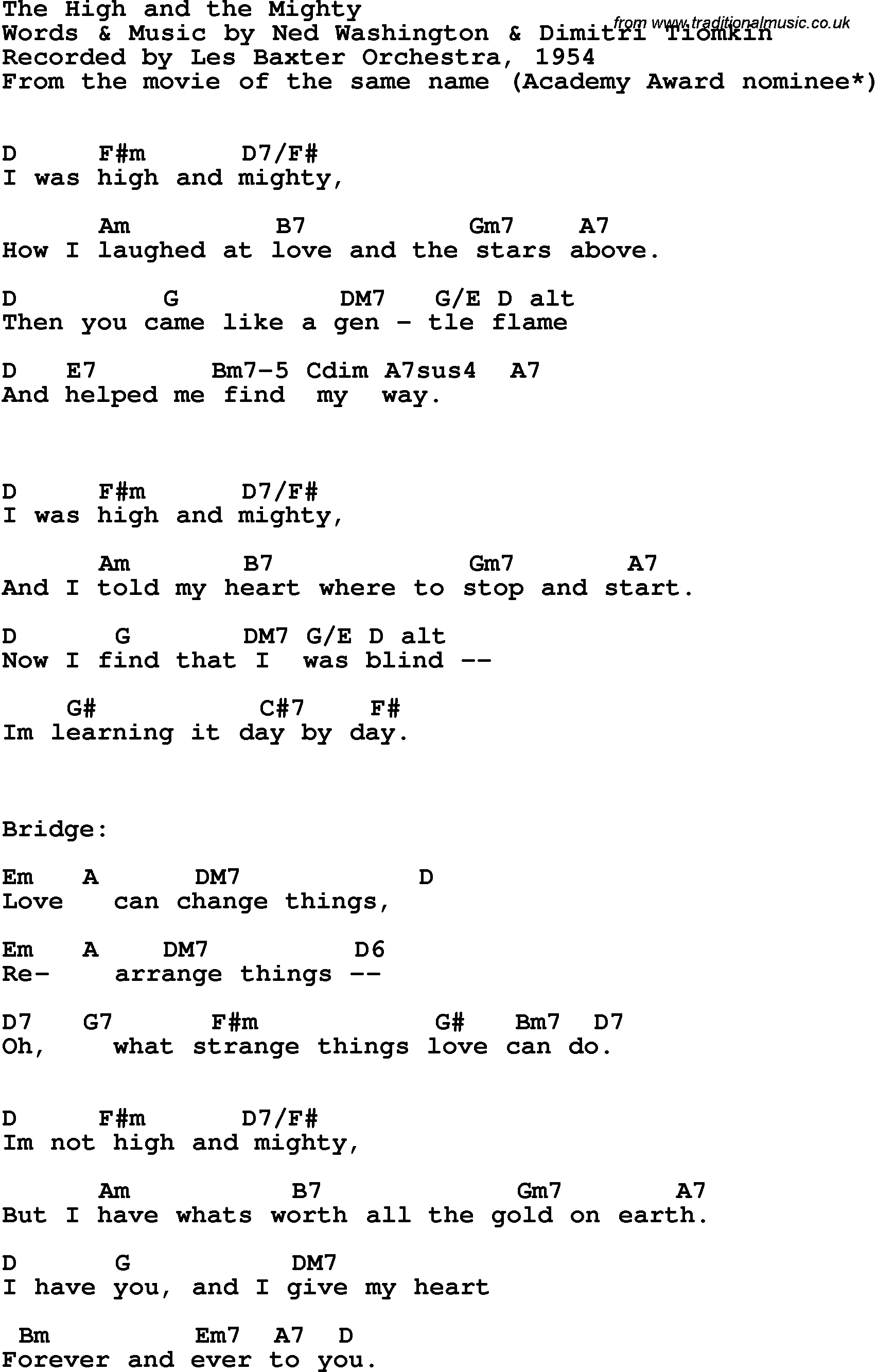 Song Lyrics with guitar chords for High And The Mighty, The - Les Baxter, 1954