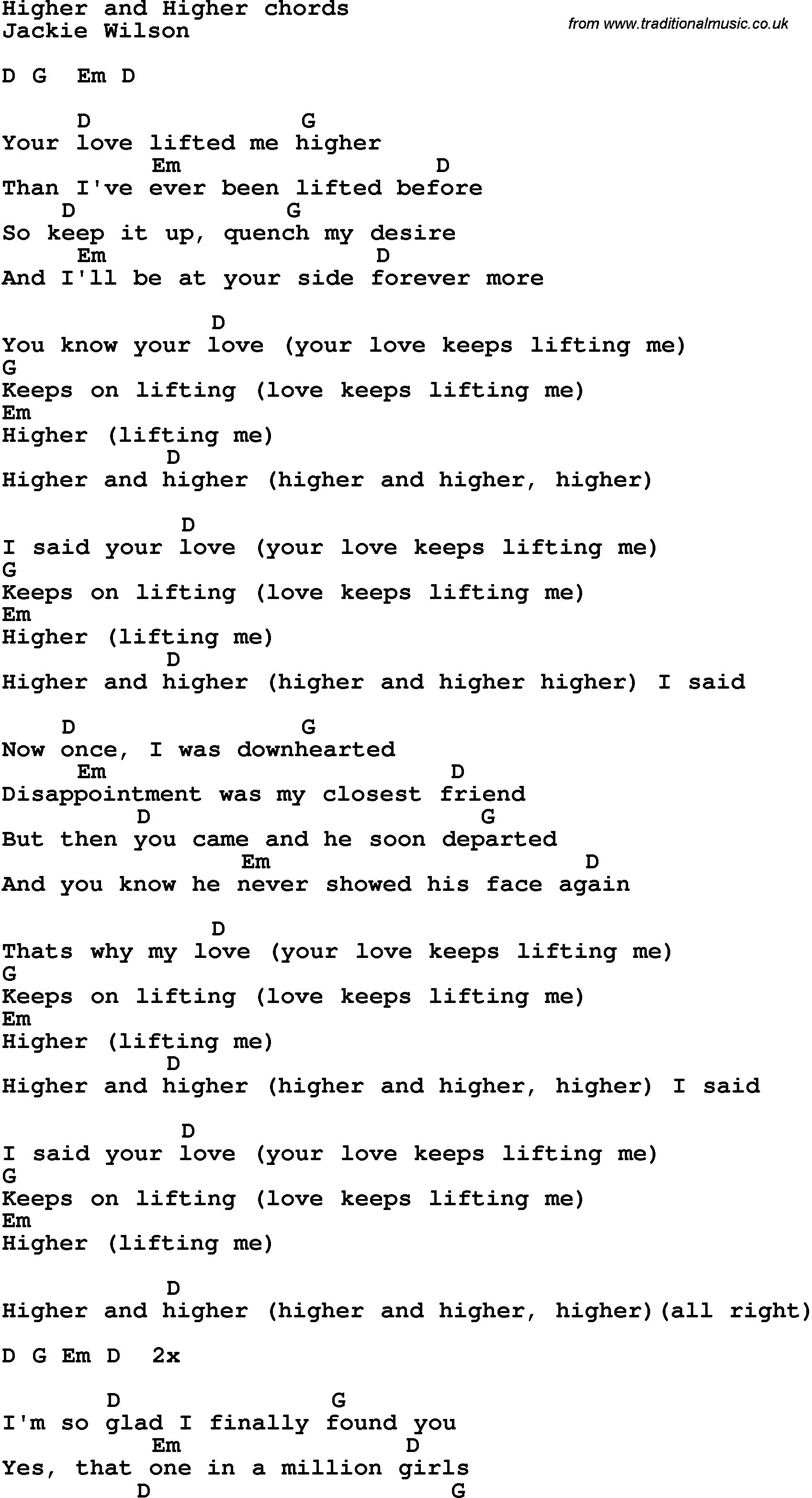 Song Lyrics with guitar chords for Higher And Higher