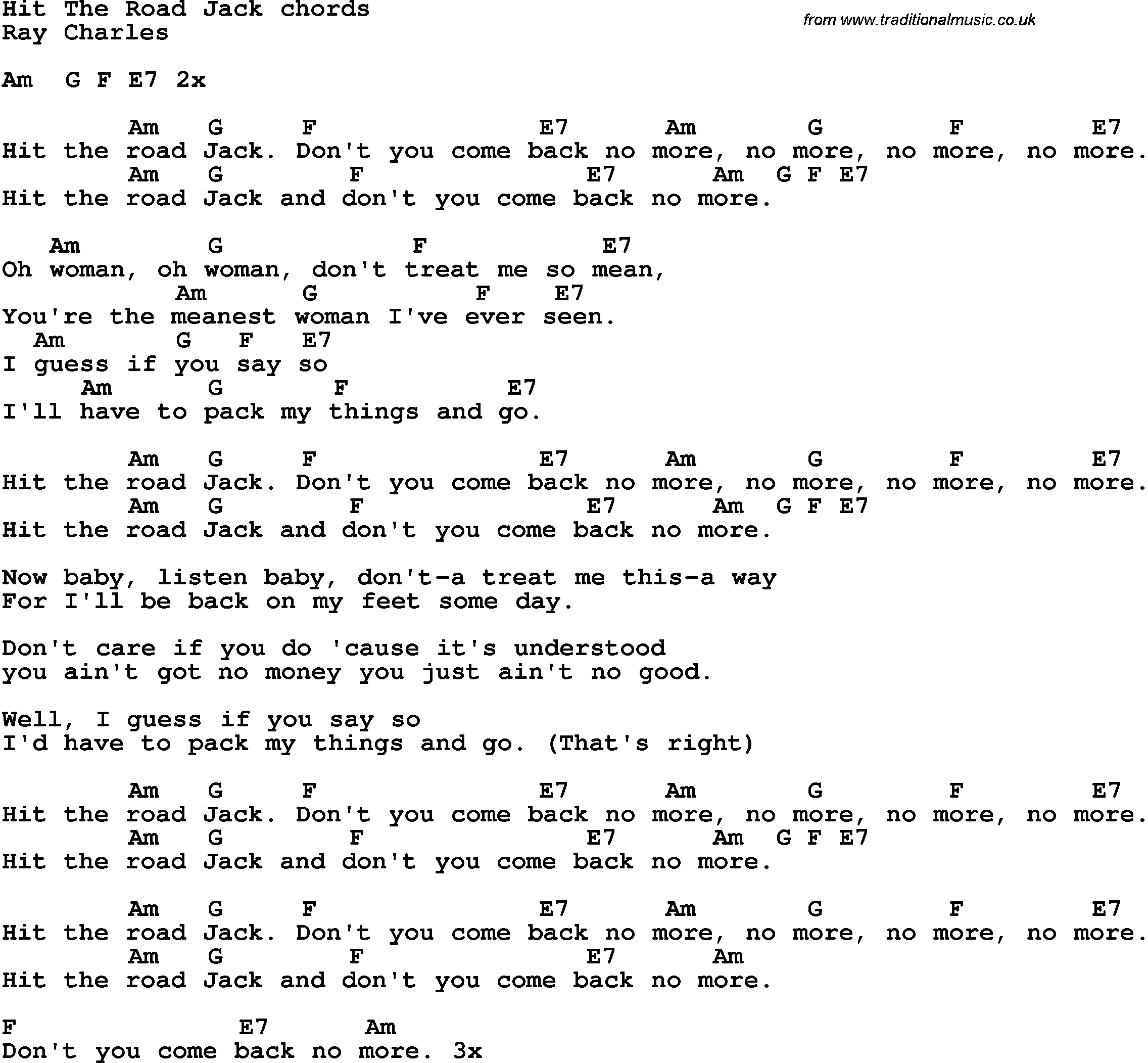 Song Lyrics with guitar chords for Hit The Road Jack