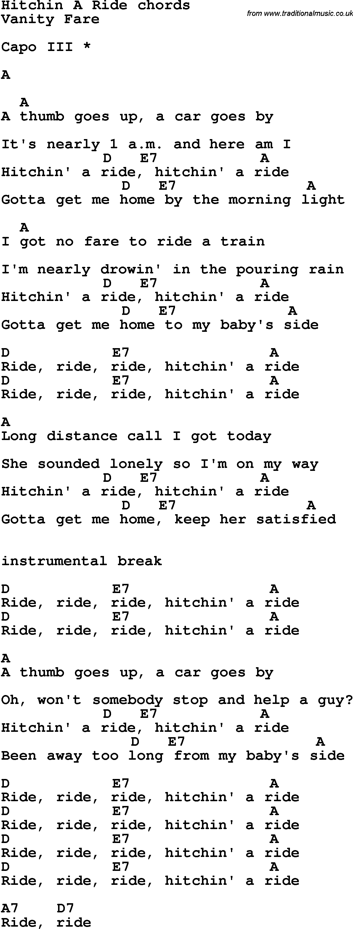 Song Lyrics with guitar chords for Hitchin A Ridebe