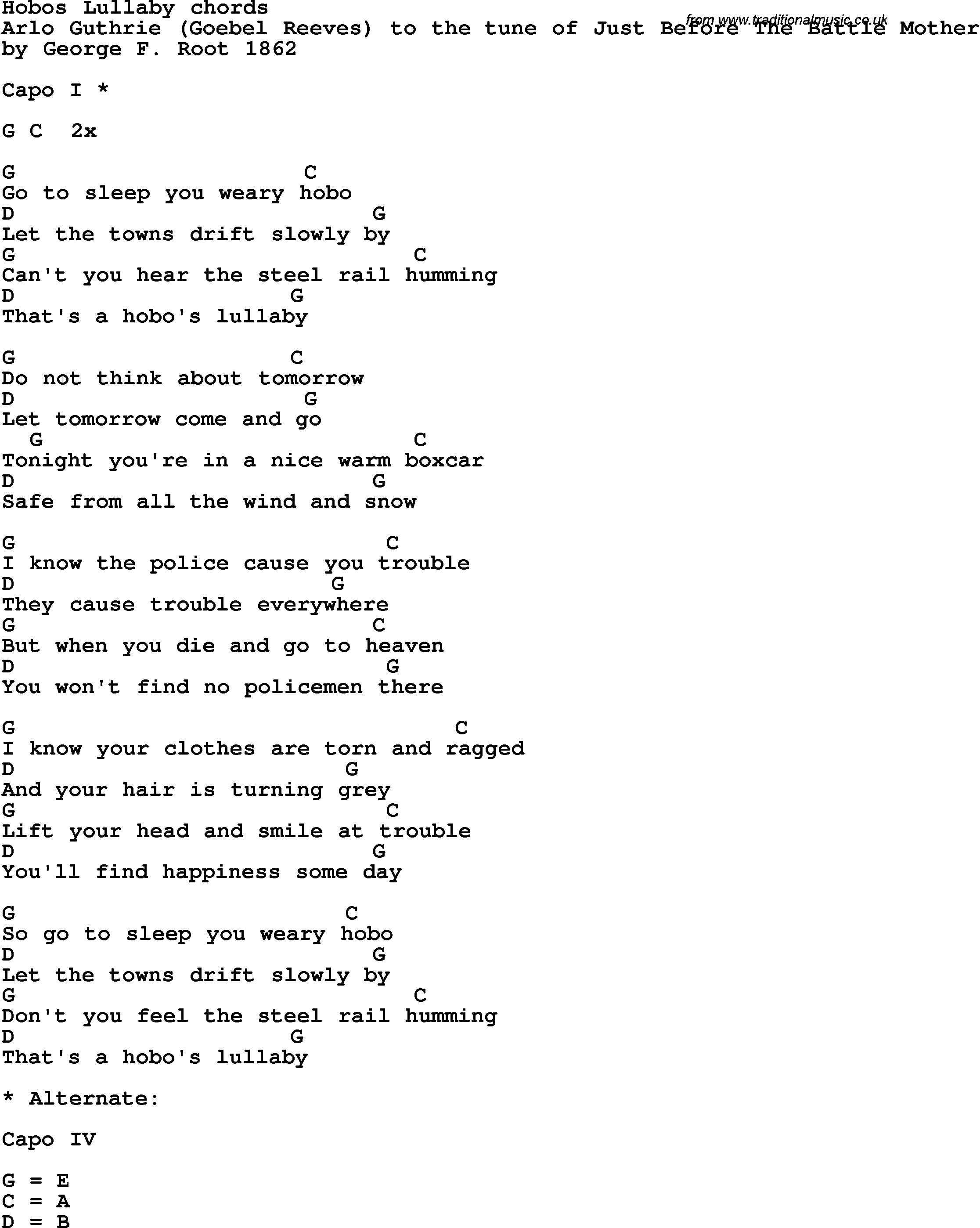 Song Lyrics with guitar chords for Hobo's Lullaby