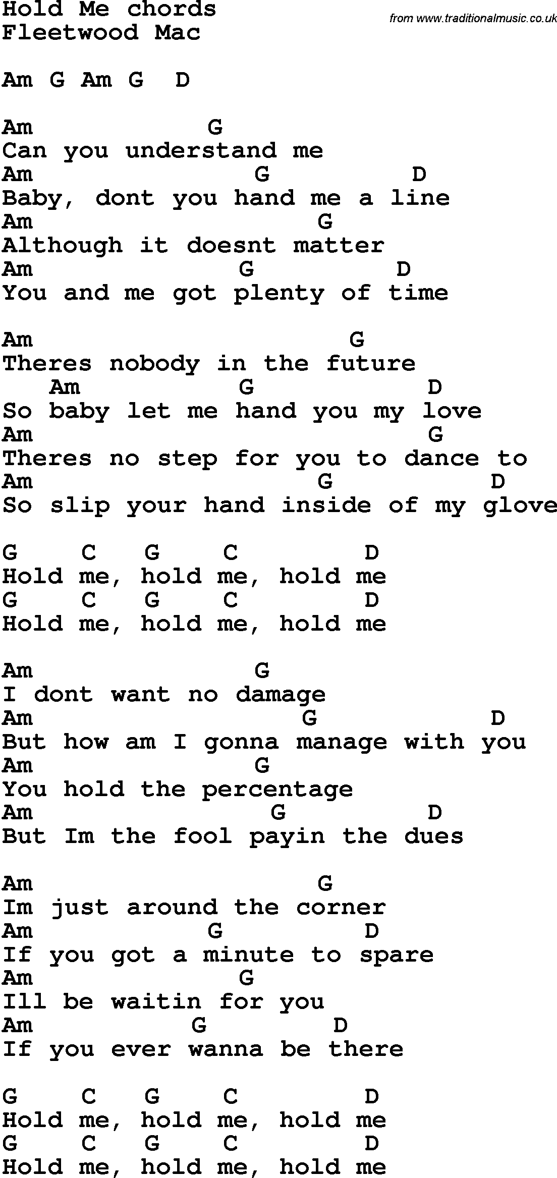 Song Lyrics with guitar chords for Hold Me
