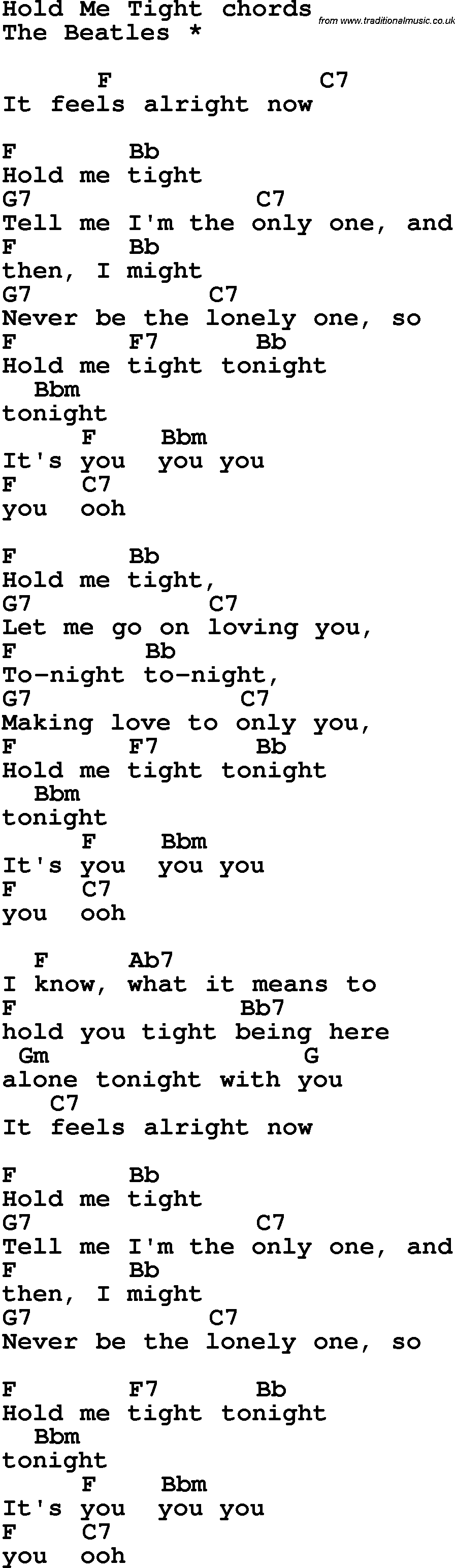 Song Lyrics with guitar chords for Hold Me Tight - The Beatles