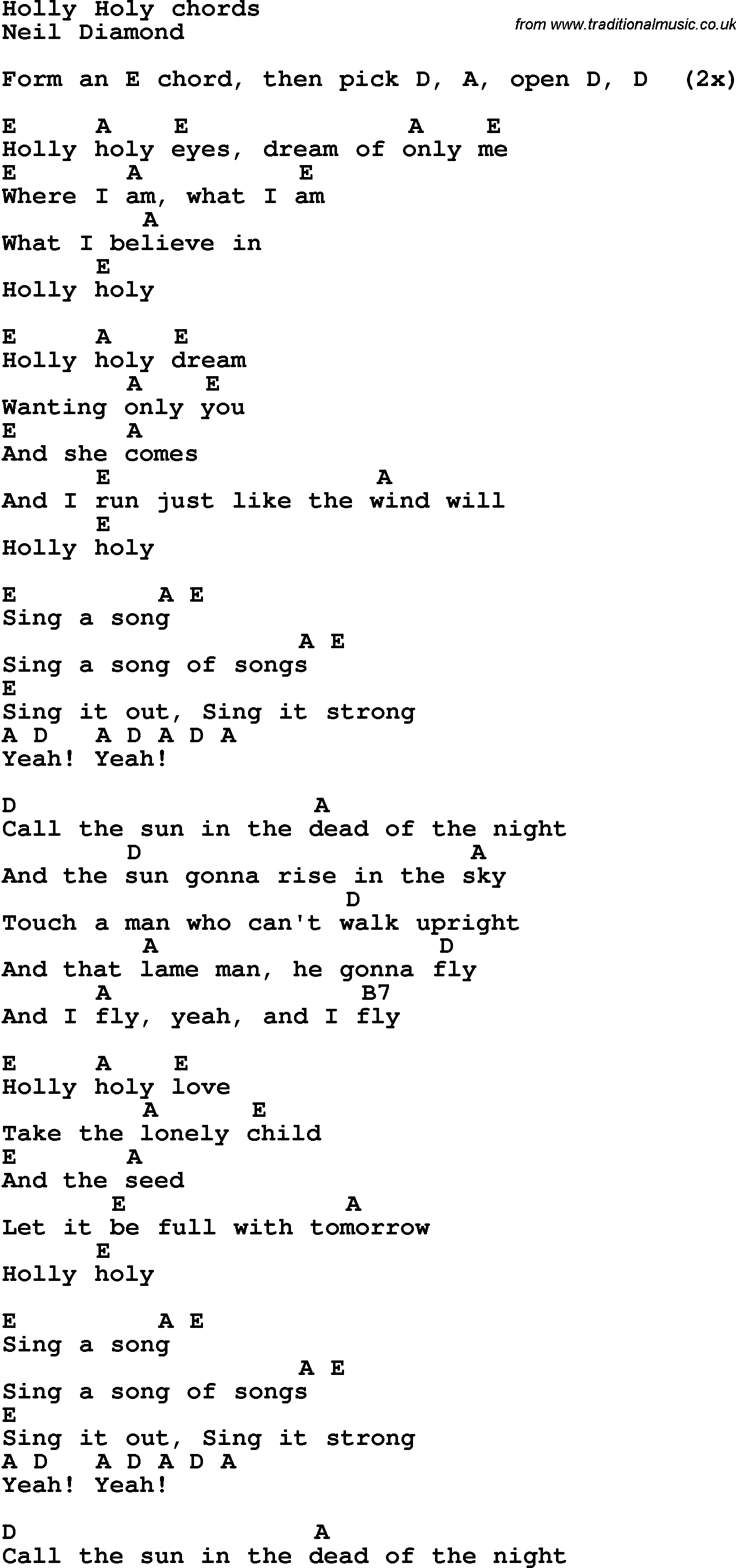 Song Lyrics with guitar chords for Holly Holy - Neil Diamond