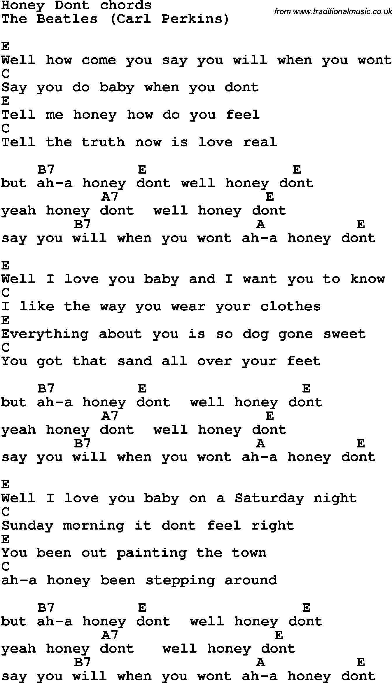 Song Lyrics with guitar chords for Honey Don't - The Beatles