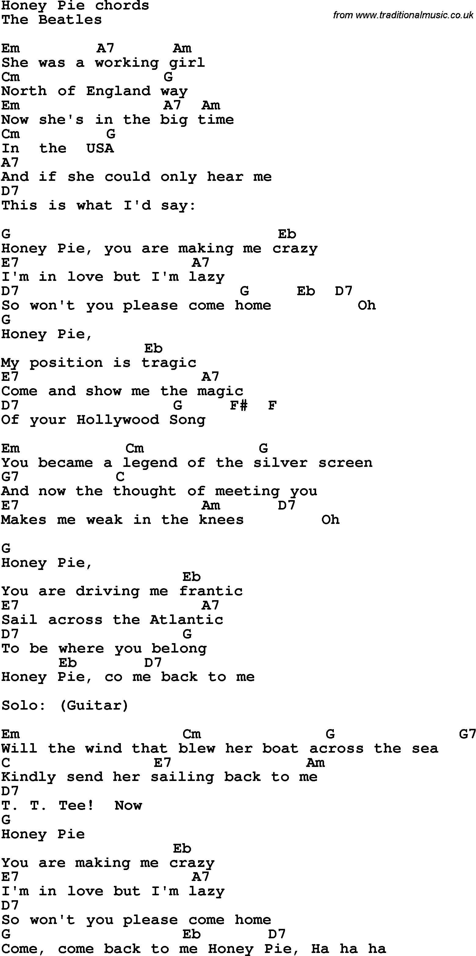 Song Lyrics with guitar chords for Honey Pie - The Beatles