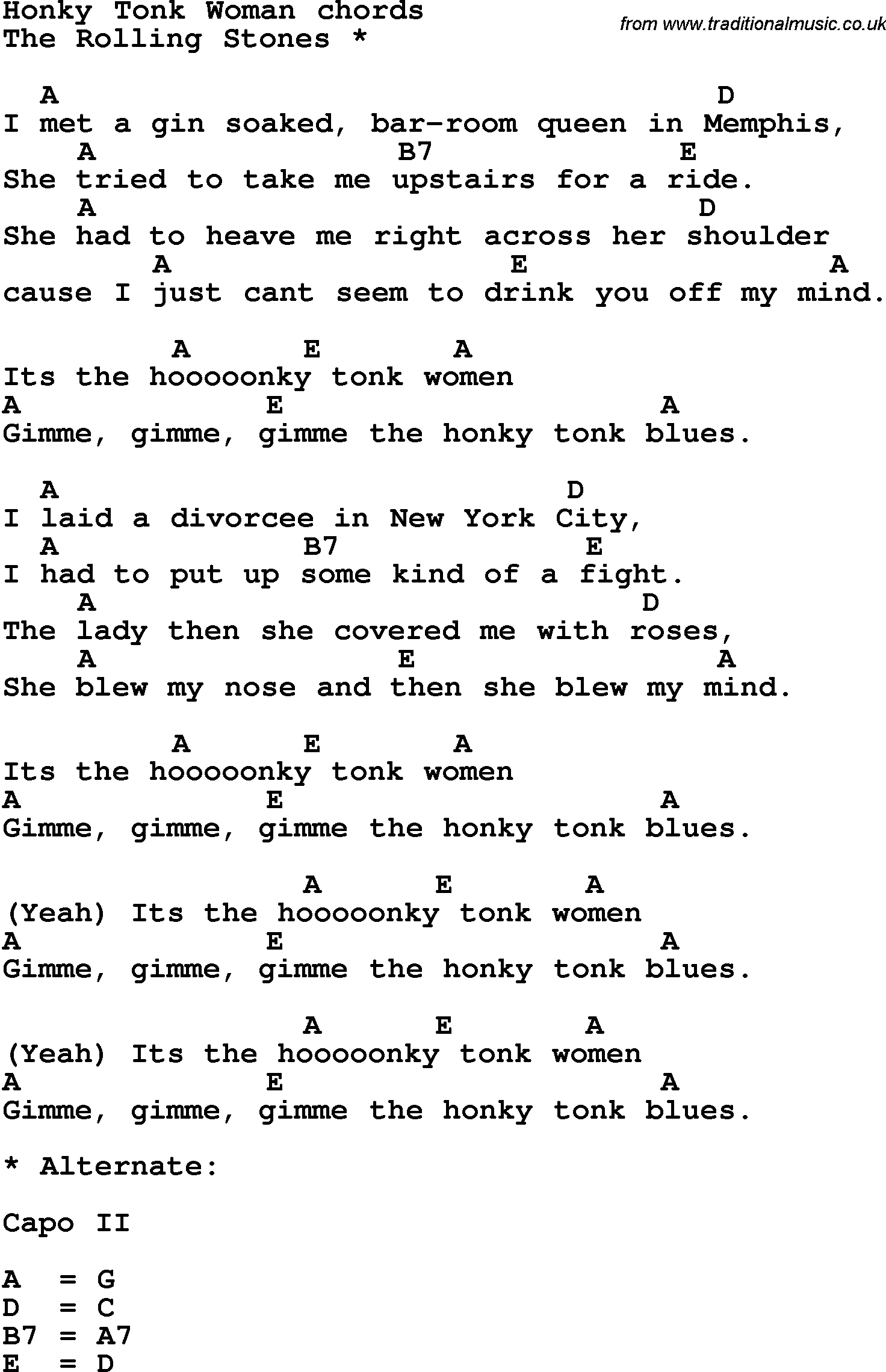 Song Lyrics with guitar chords for Honky Tonk Woman