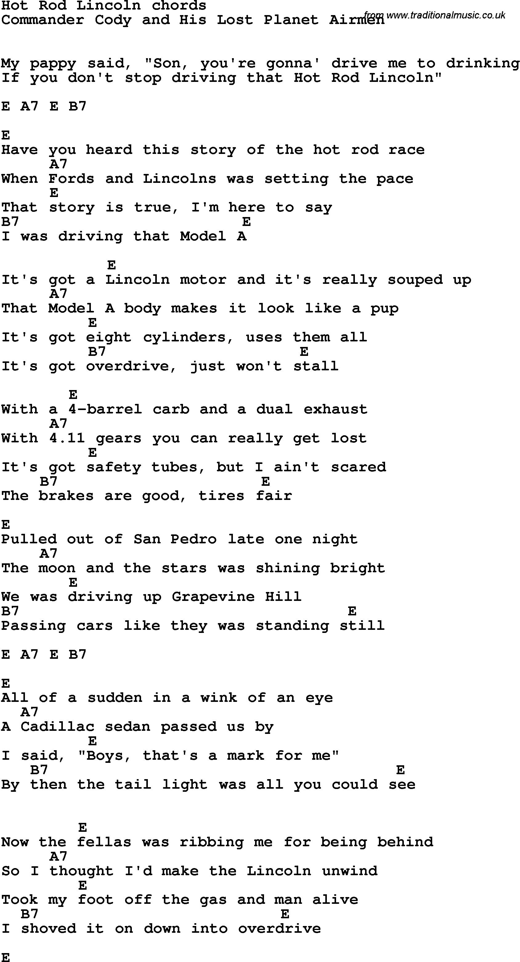 Song Lyrics with guitar chords for Hot Rod Lincoln