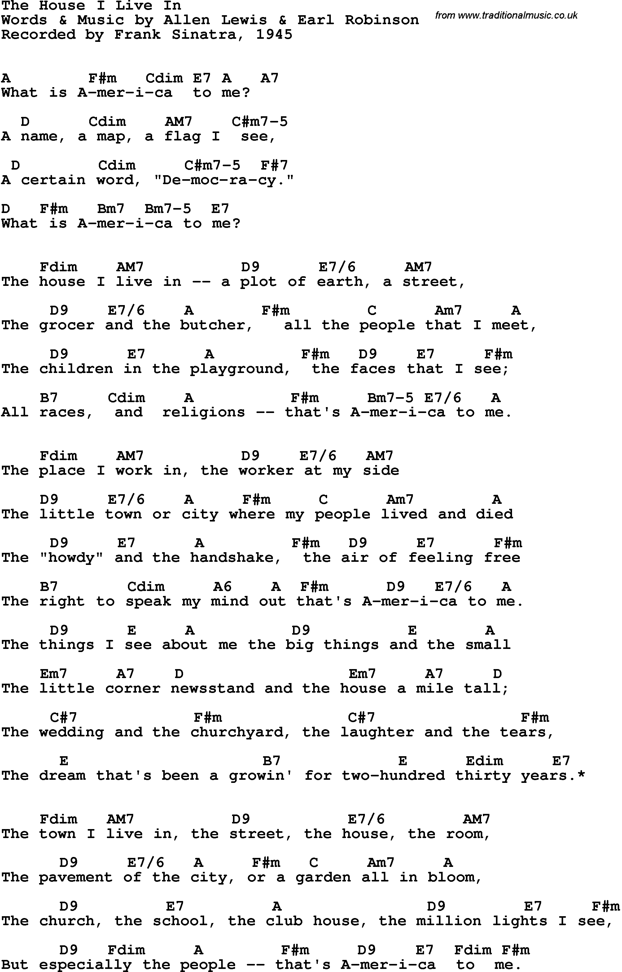 Song Lyrics with guitar chords for House I Live In, The - Frank Sinatra, 1945