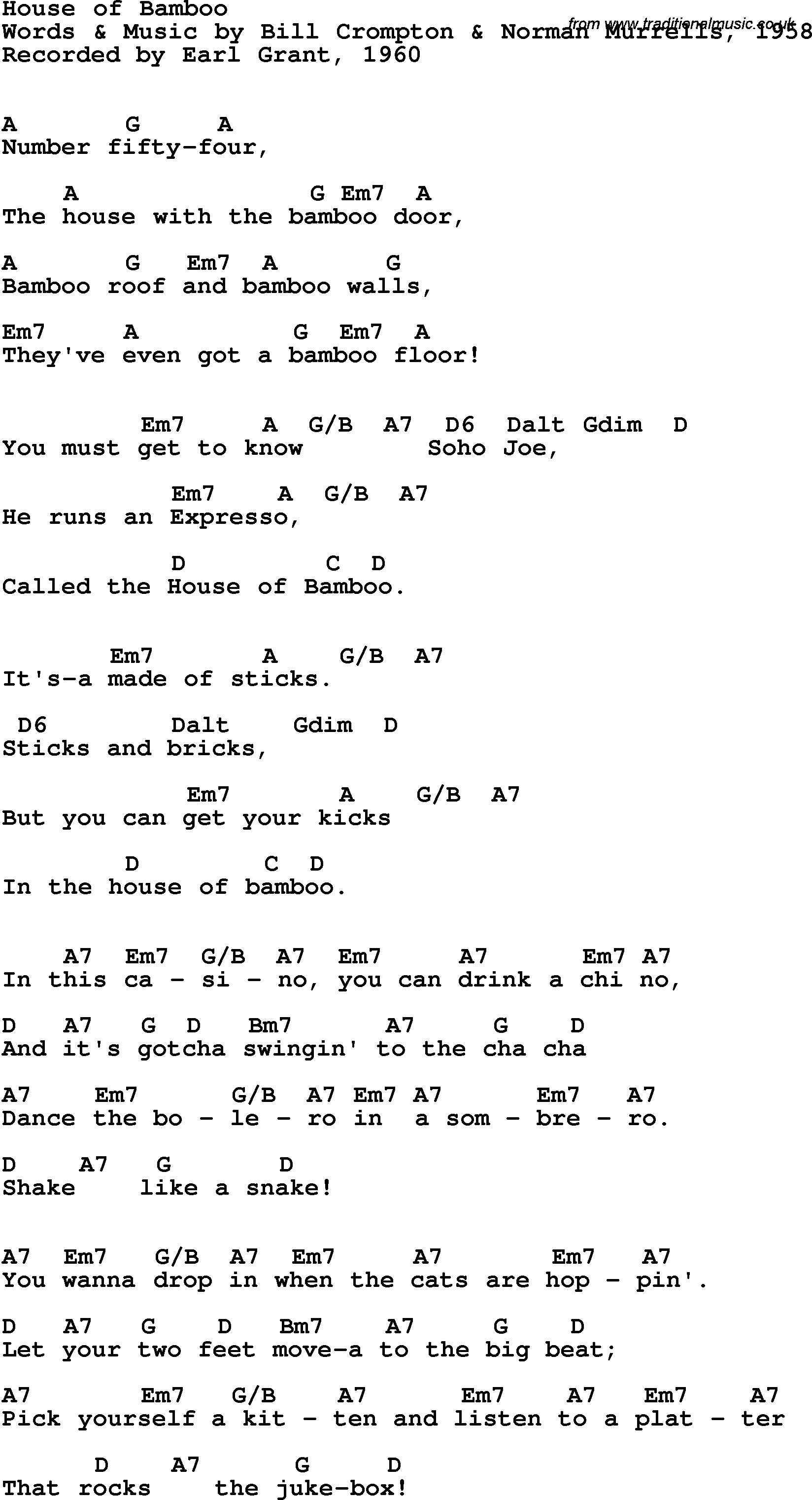 Song Lyrics with guitar chords for House Of Bamboo - Earl Grant, 1960