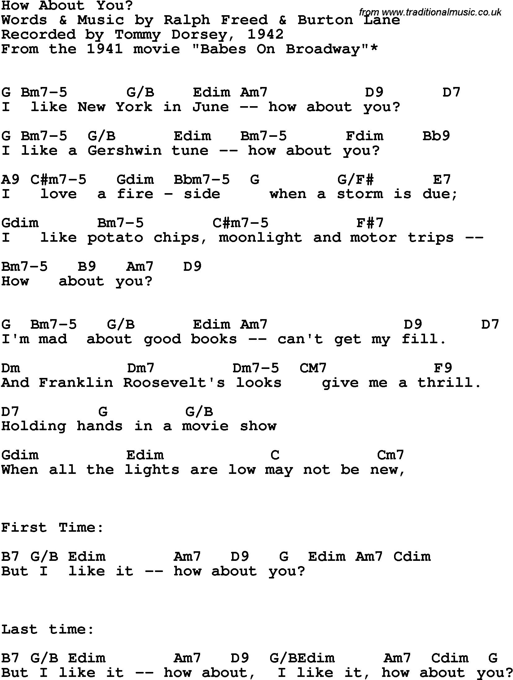 Song Lyrics with guitar chords for How About You - Tommy Dorsey, 1942