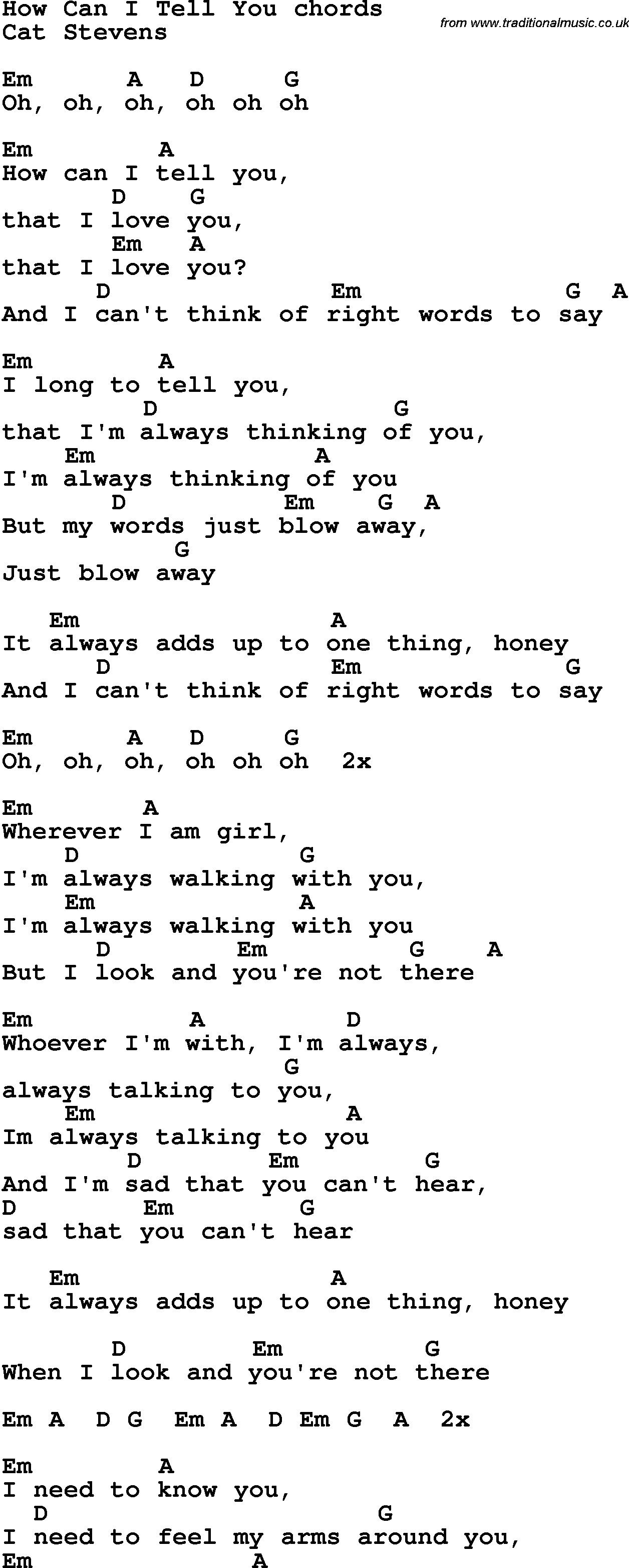 Song Lyrics with guitar chords for How Can I Tell You