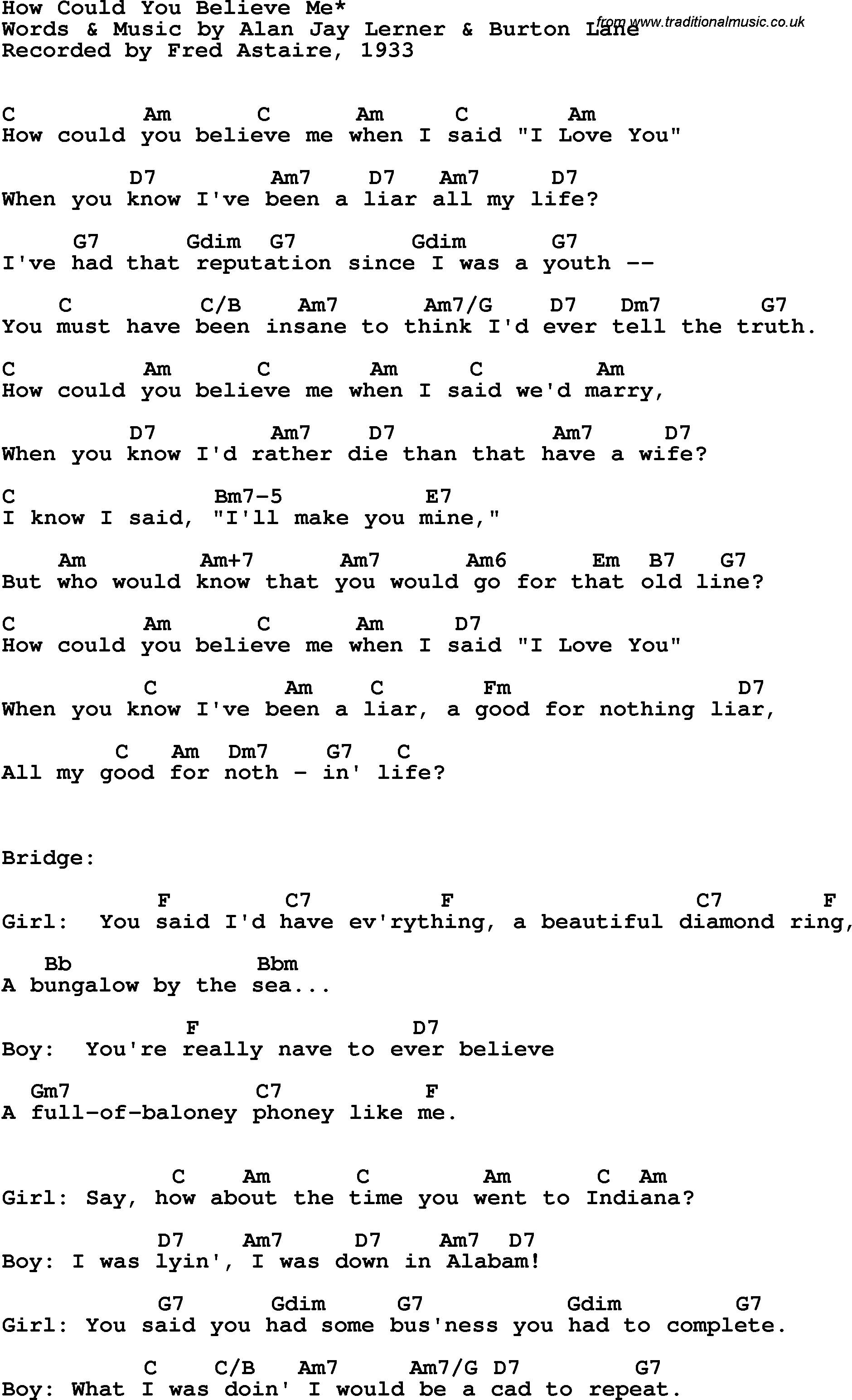 Song Lyrics with guitar chords for How Could You Believe Me - Fred Astaire, 1933