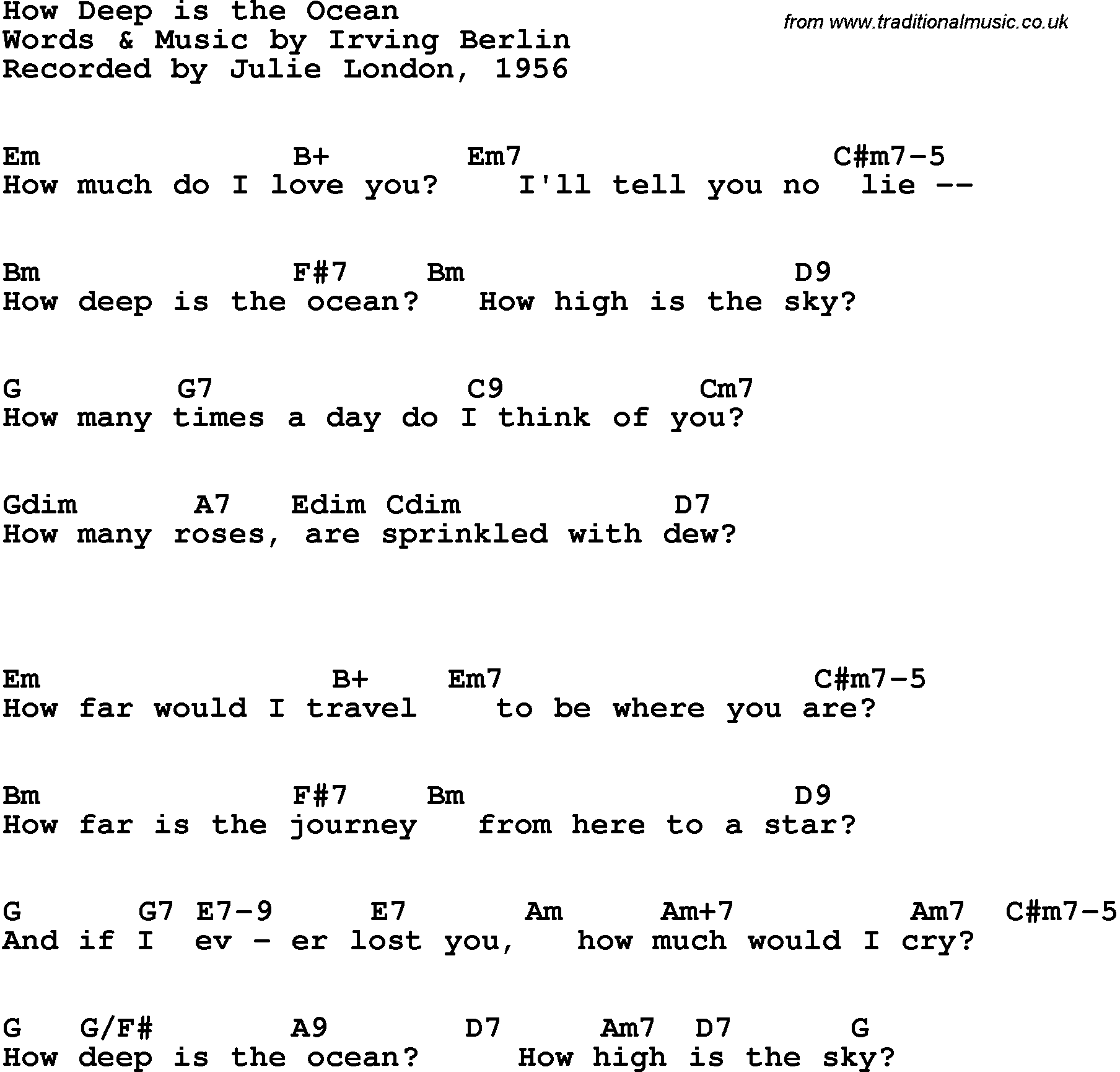 Song Lyrics with guitar chords for How Deep Is The Ocean - Julie London, 1956
