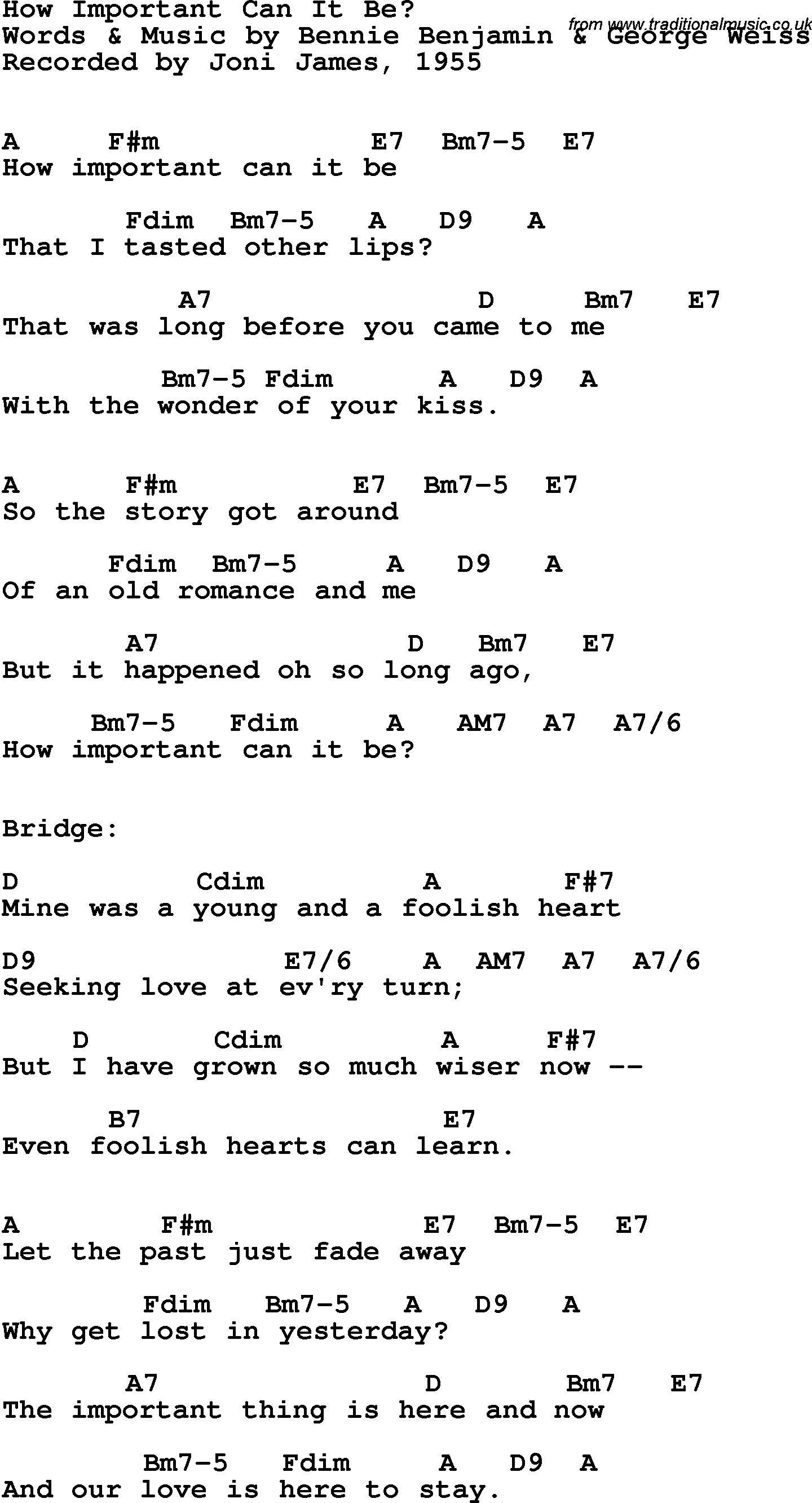 Song Lyrics with guitar chords for How Important Can It Be - Joni James, 1955
