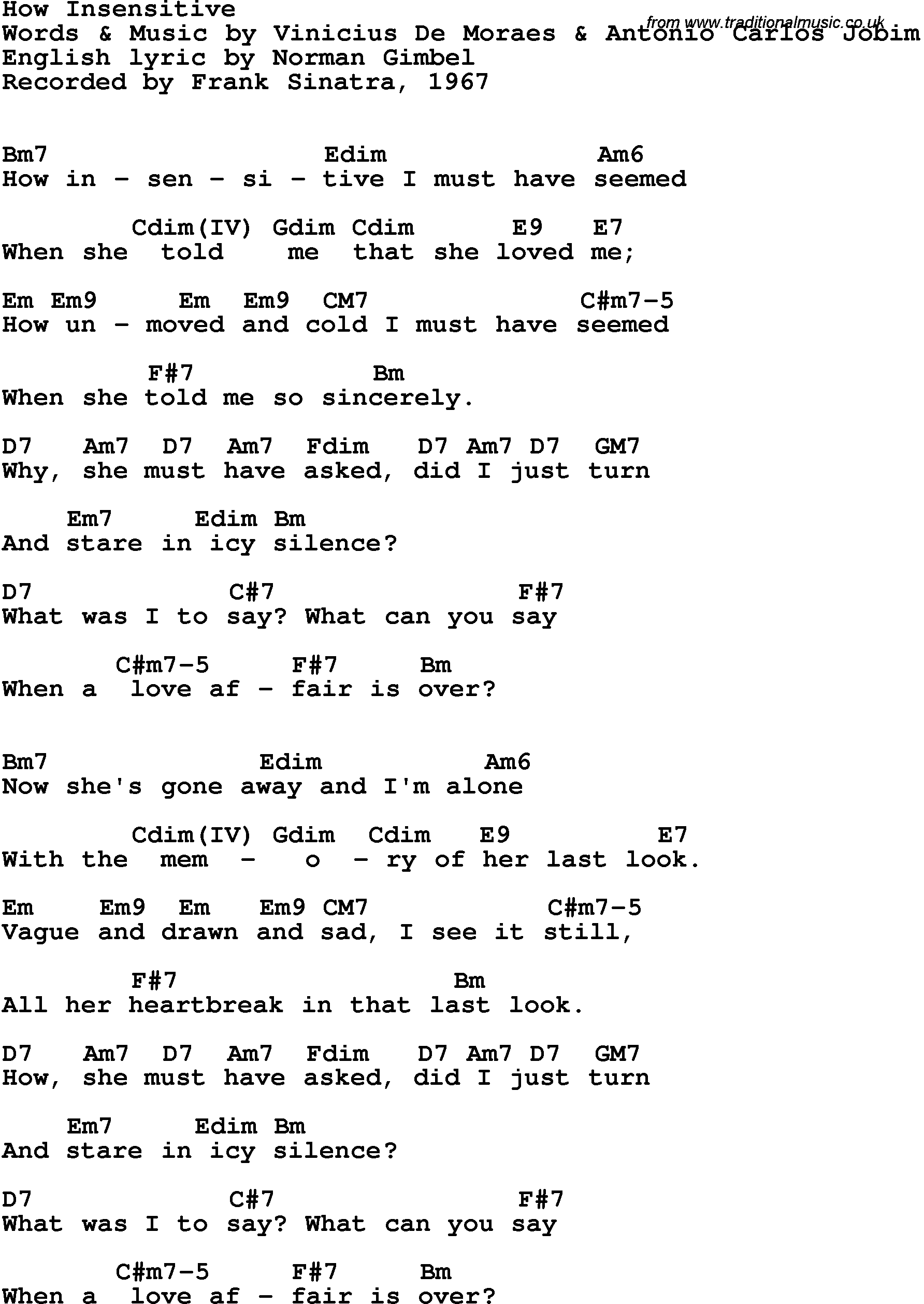 Song Lyrics with guitar chords for How Insensitive - Frank Sinatra, 1967