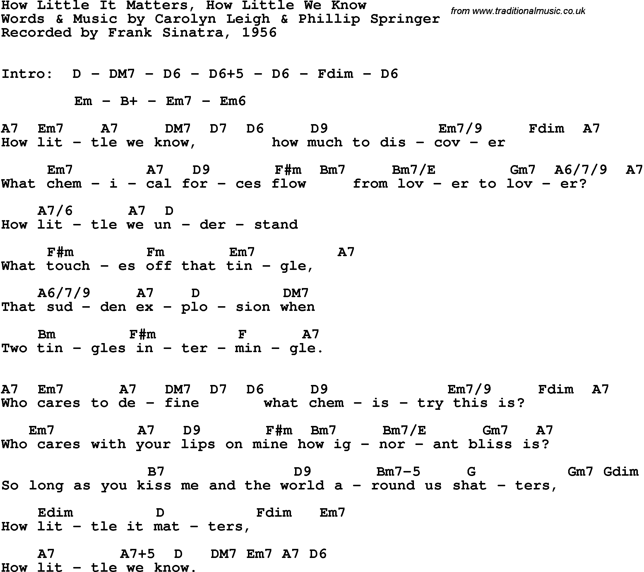 Song Lyrics with guitar chords for How Little It Matters, How Little We Know - Frank Sinatra, 1956