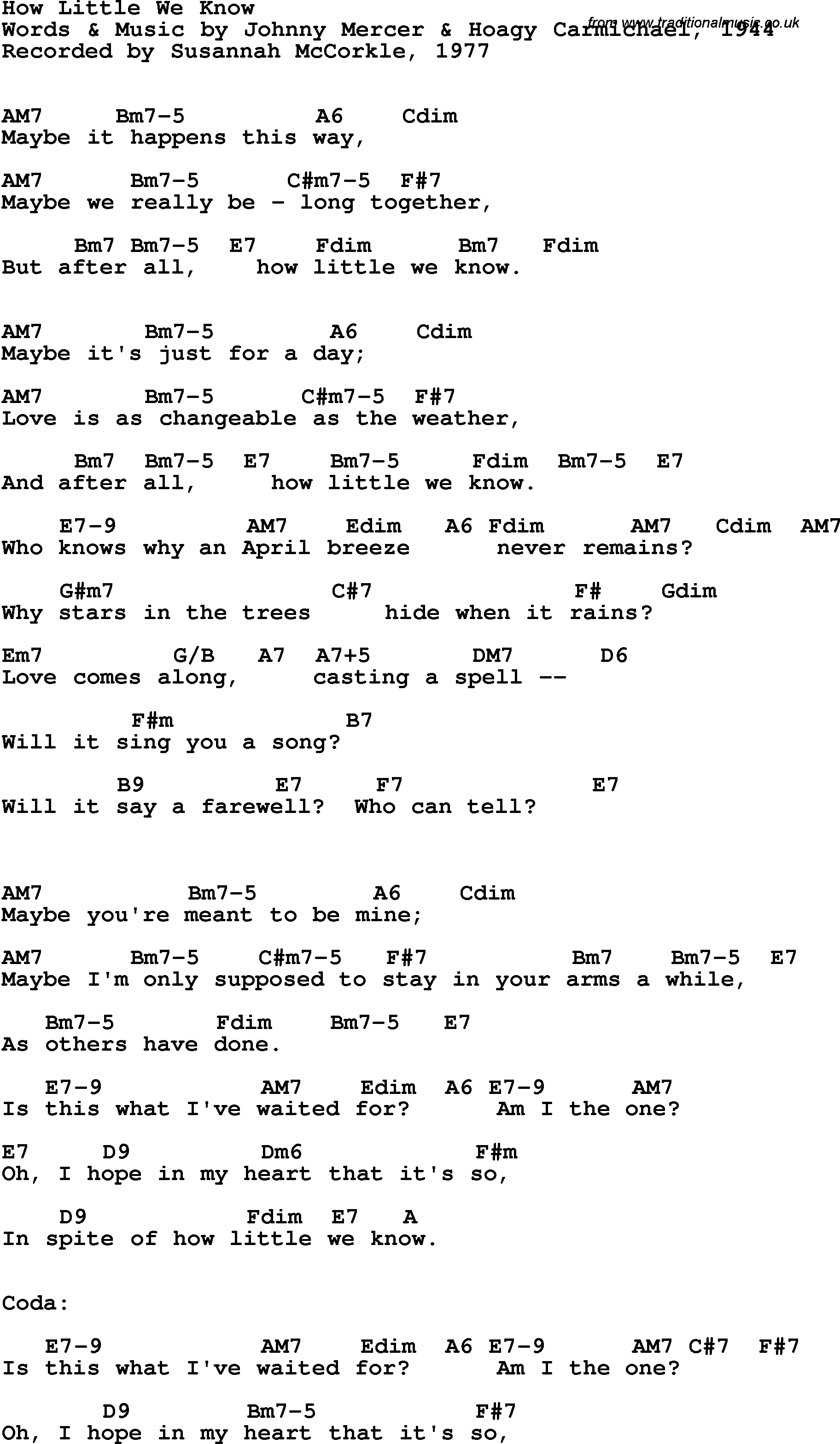 Song Lyrics with guitar chords for How Little We Know - Susannah McCorkle, 1977