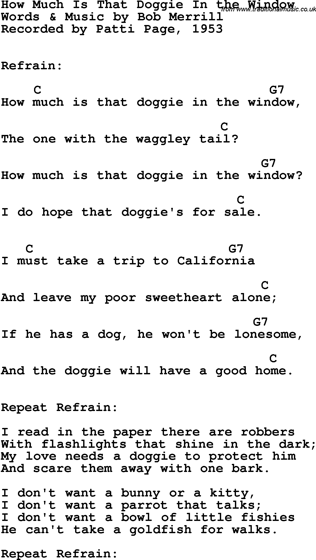 Song Lyrics with guitar chords for How Much Is That Doggie In The Window - Patti Page, 1952