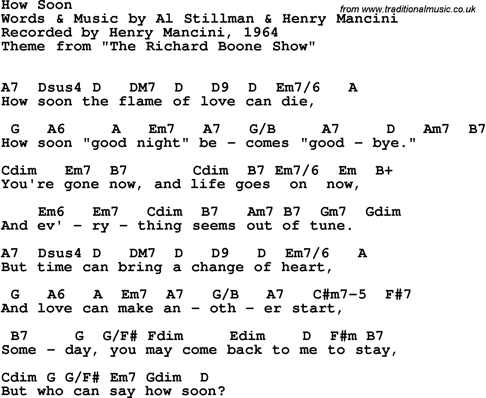 Song Lyrics with guitar chords for How Soon - Henry Mancini, 1964