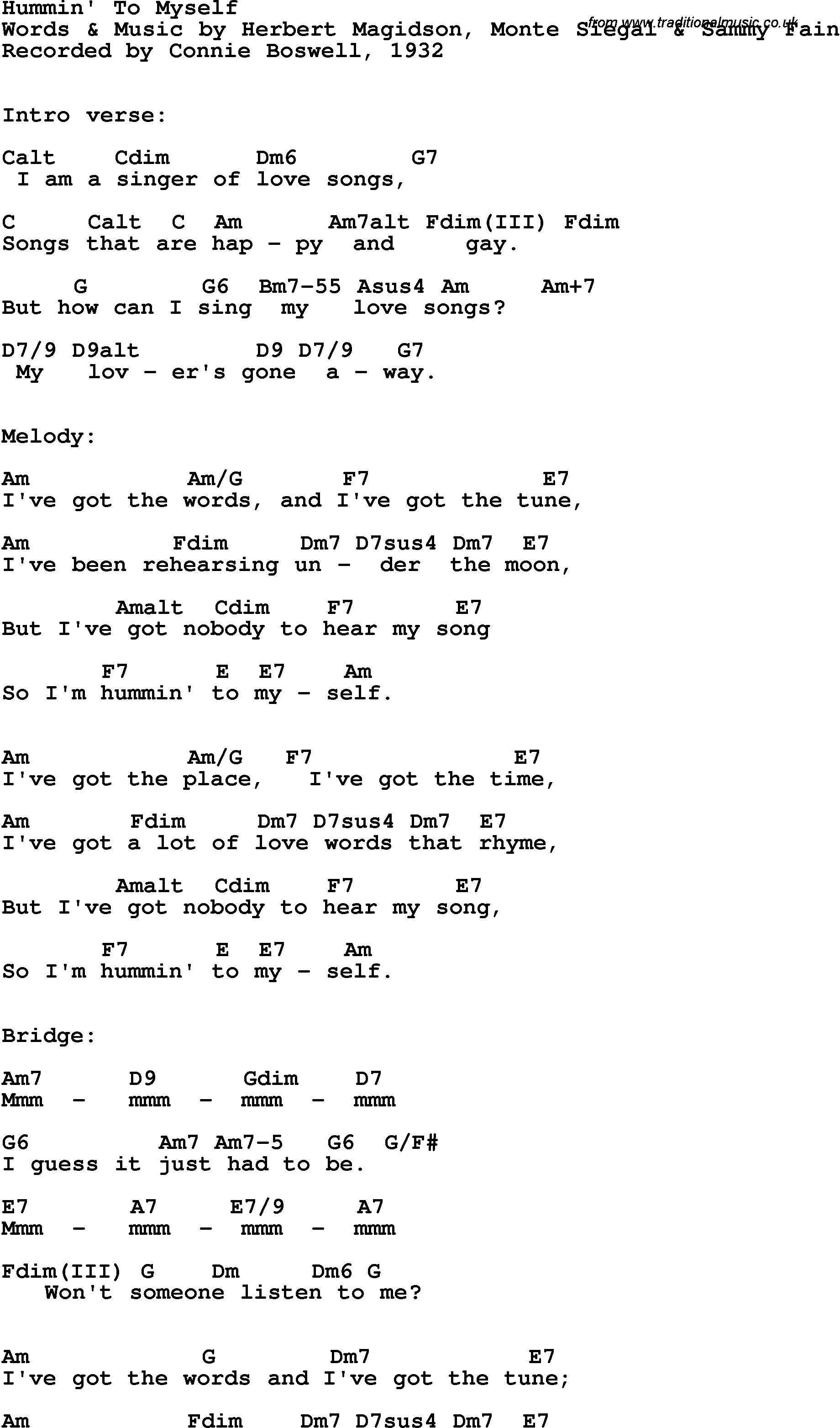 Song Lyrics with guitar chords for Hummin' To Myself - Connie Boswell, 1932