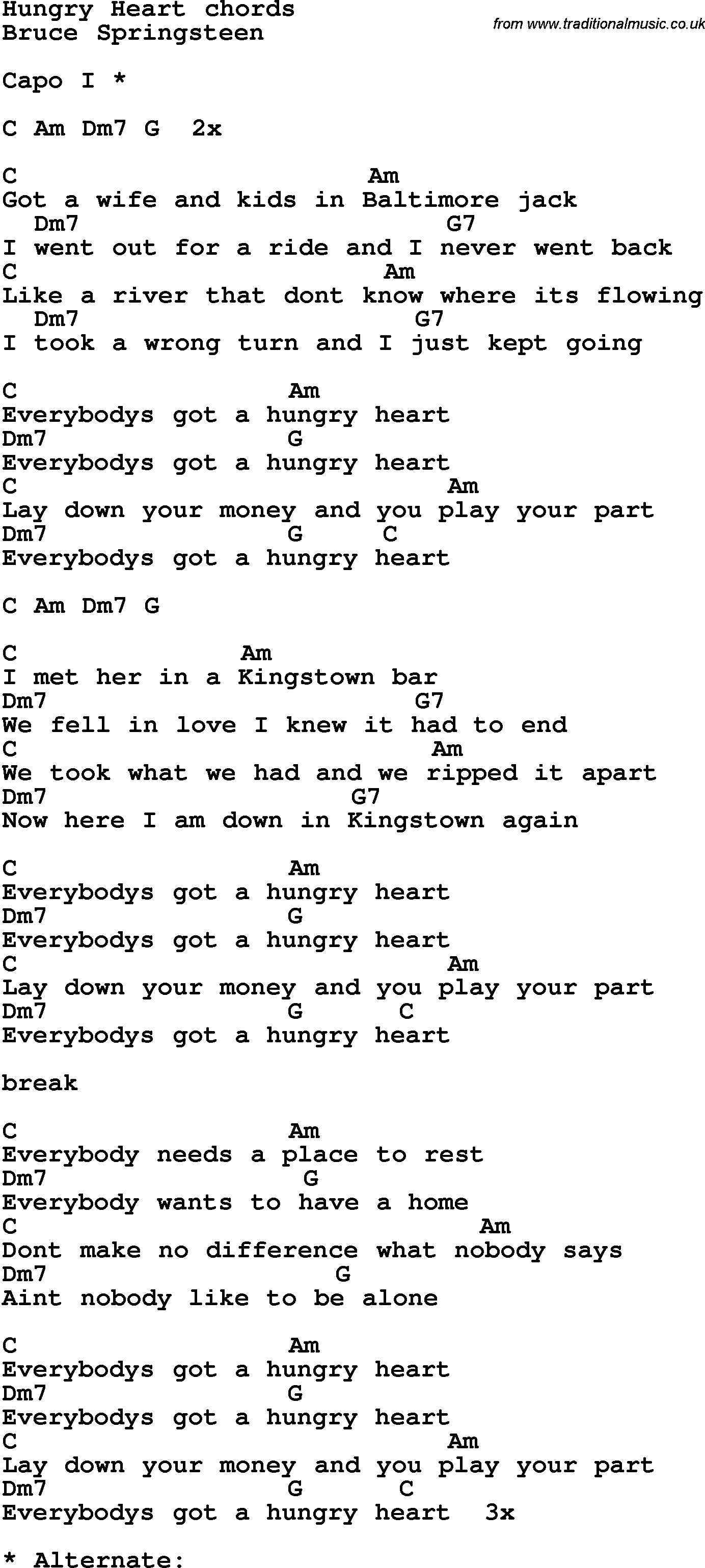 Song Lyrics with guitar chords for Hungry Heartf
