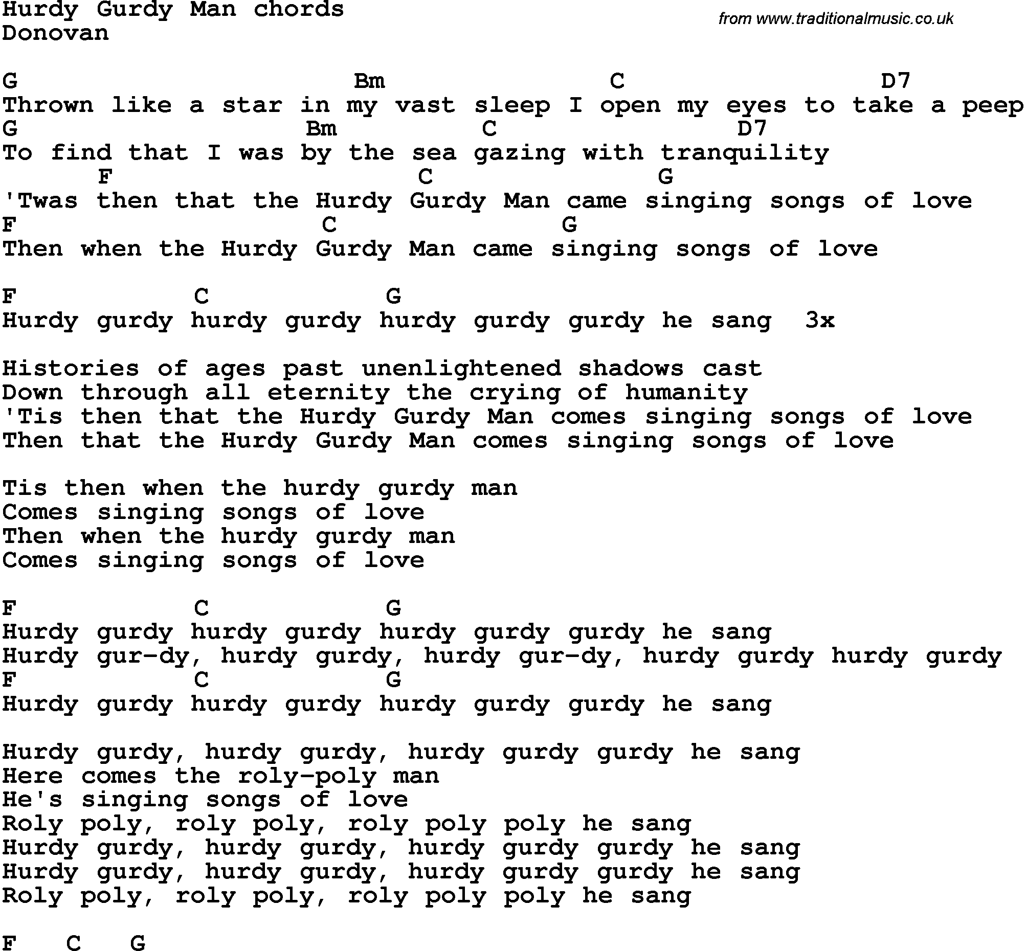 Song Lyrics with guitar chords for Hurdy Gurdy Man