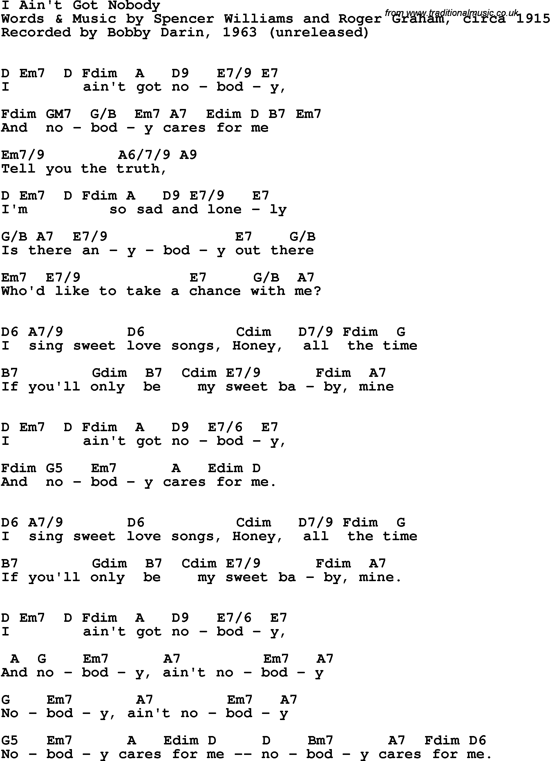 Song Lyrics with guitar chords for I Ain't Got Nobody - Bobby Darin, 1963