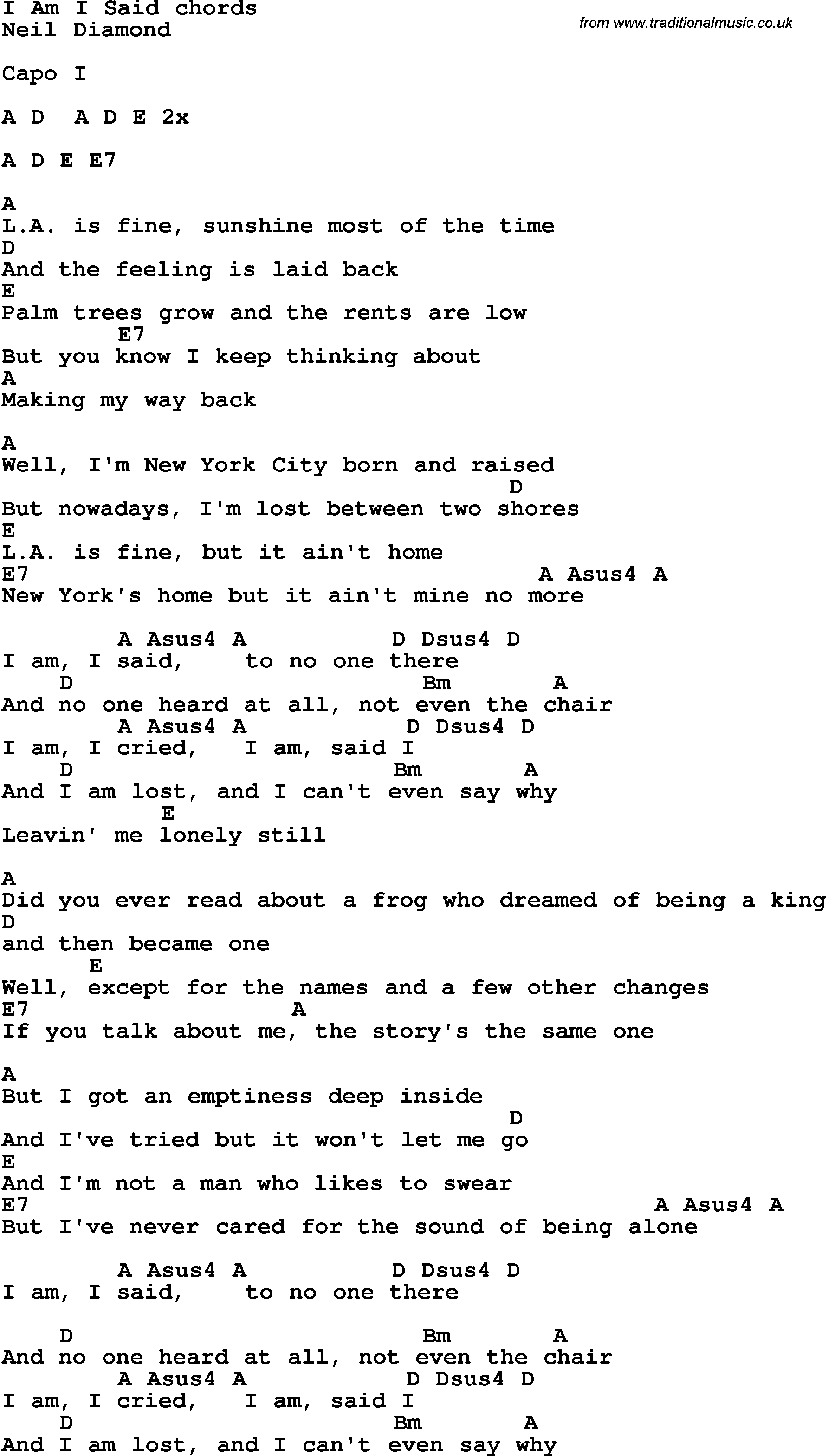 Song Lyrics with guitar chords for I Am I Said