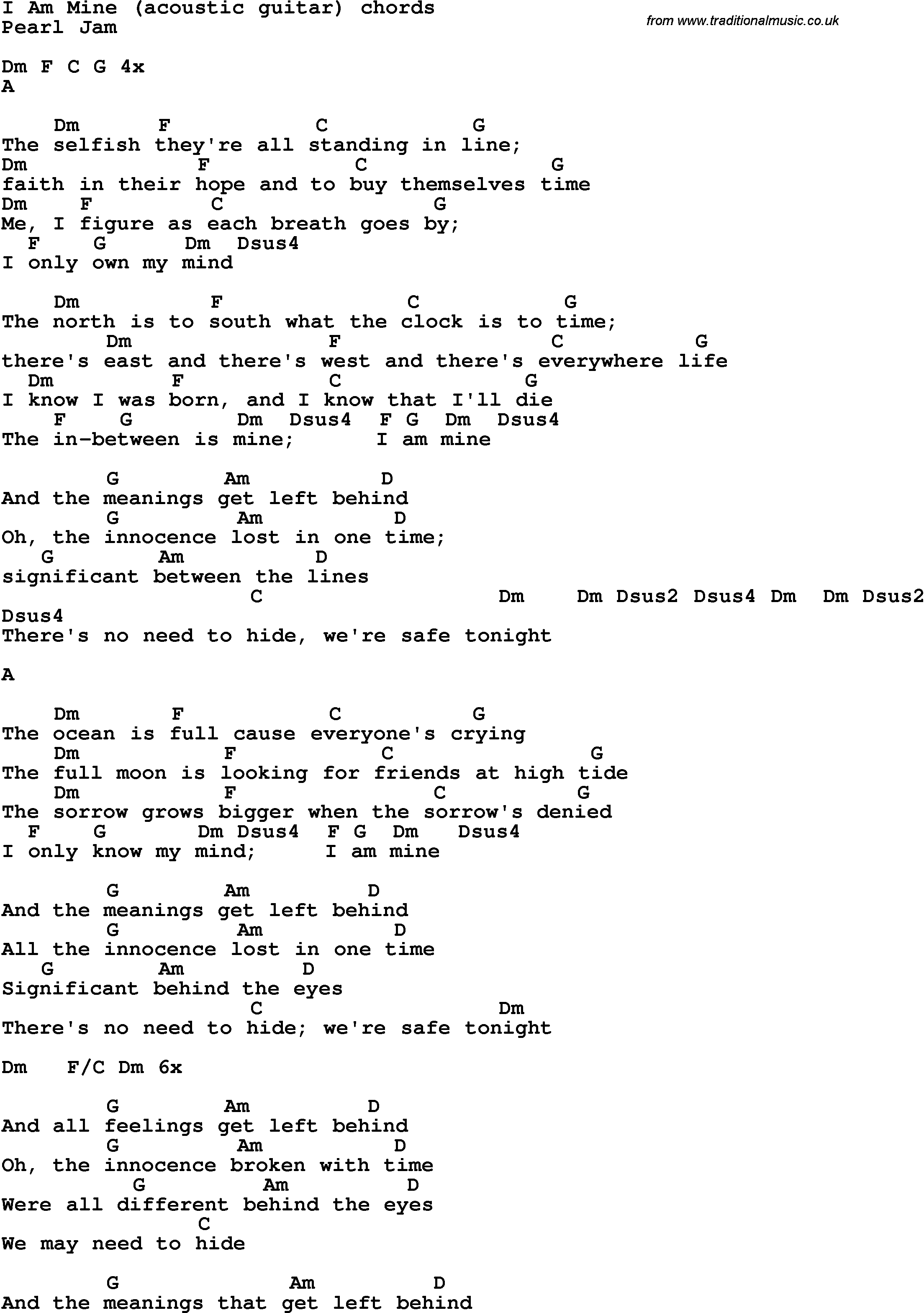 Song Lyrics with guitar chords for I Am Mine