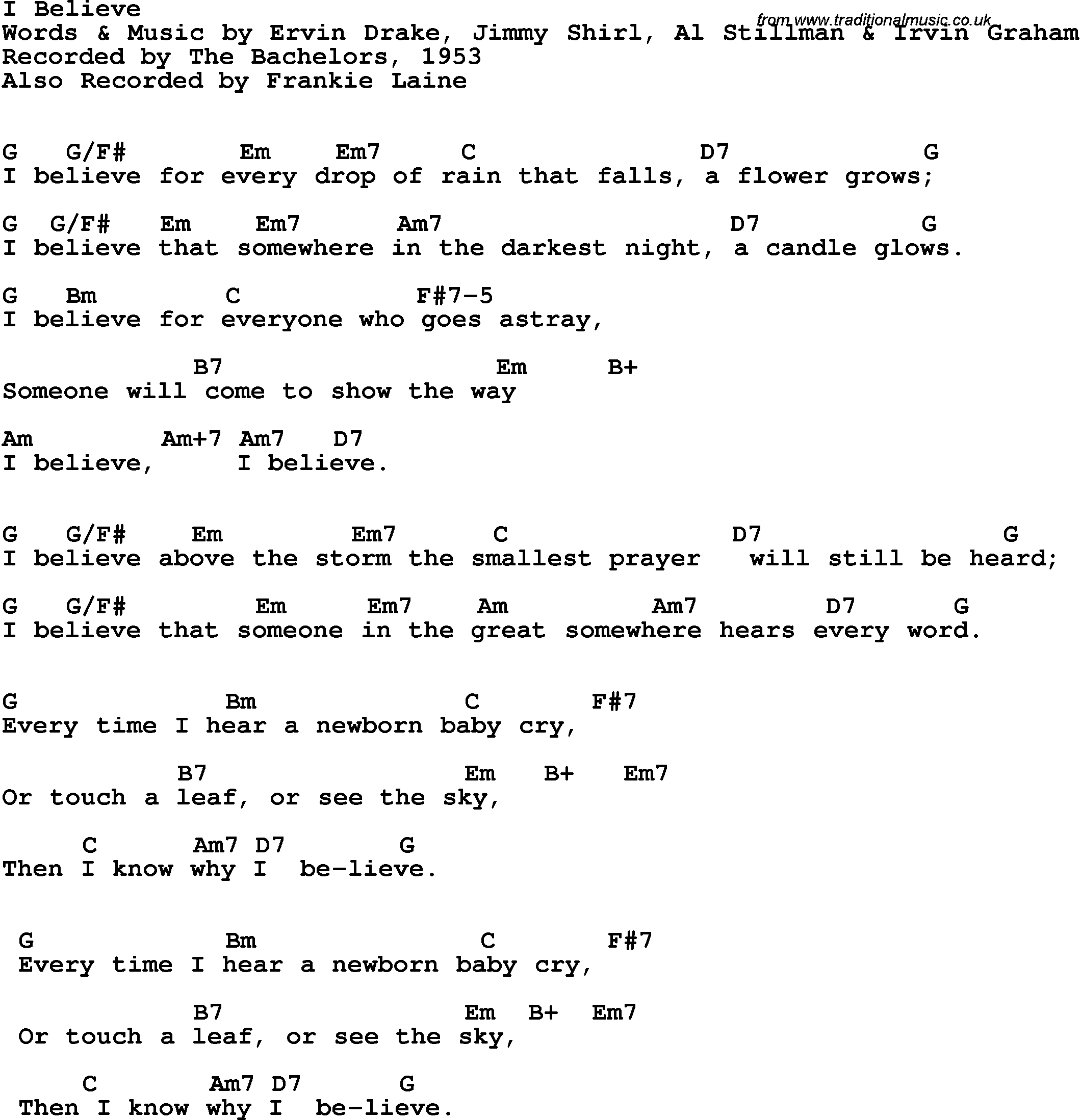Song Lyrics with guitar chords for I Believe - The Bachelors, 1953