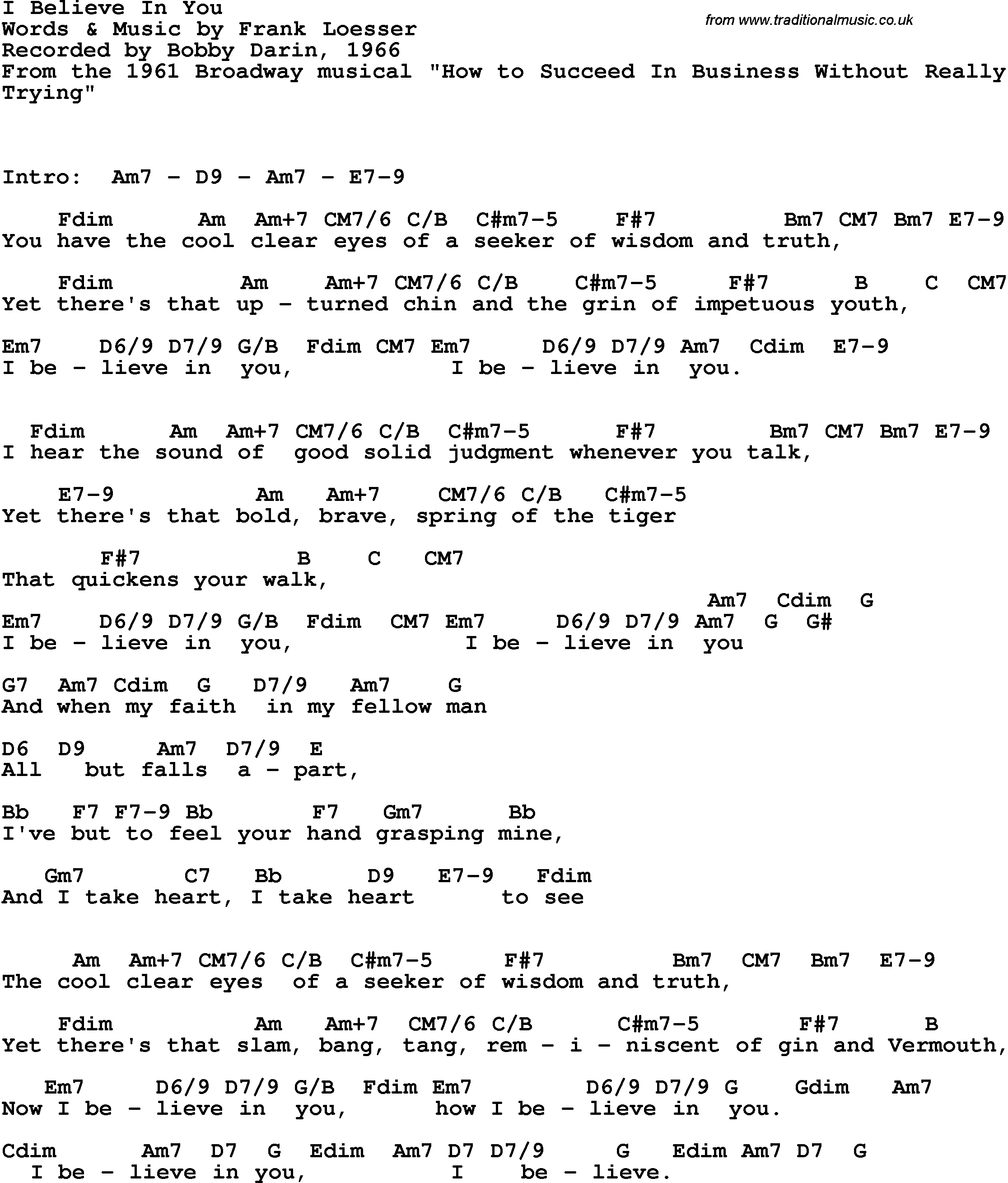 Song Lyrics with guitar chords for I Believe In You - Bobby Darin, 1961