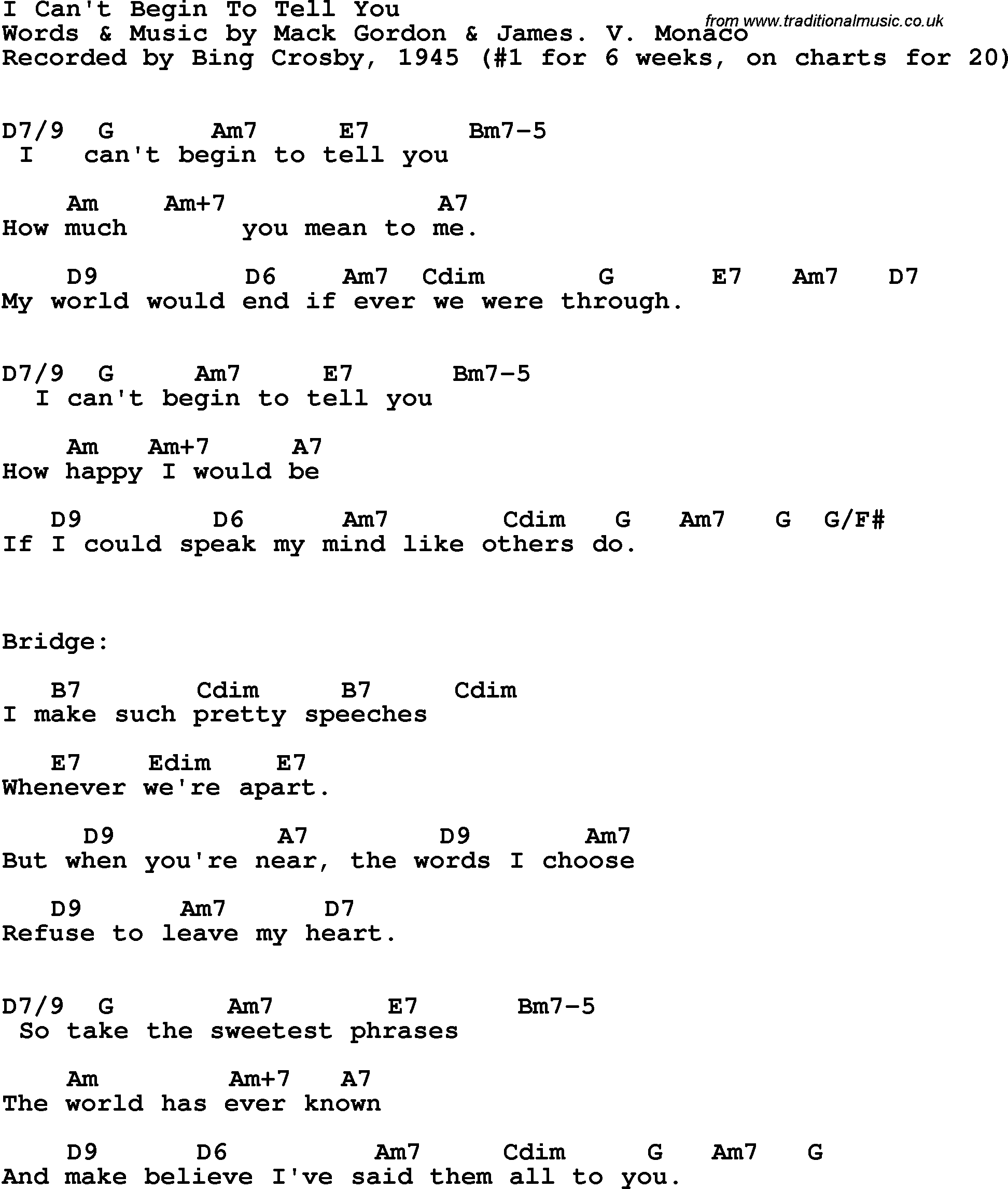 Song Lyrics with guitar chords for I Can't Begin To Tell You - Bing Crosby, 1945