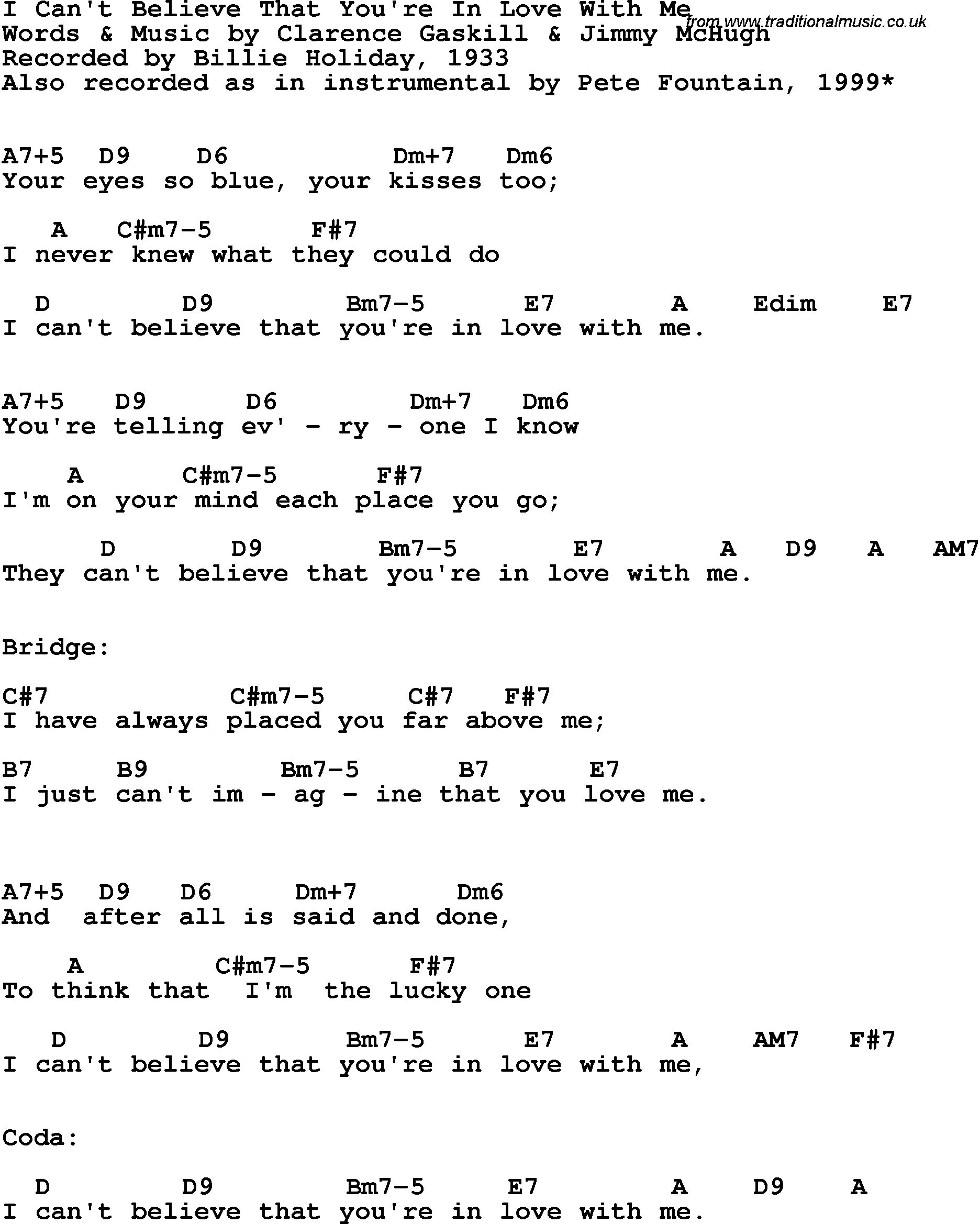 Song Lyrics with guitar chords for I Can't Believe That You're In Love With Me - Billie Holiday, 1933