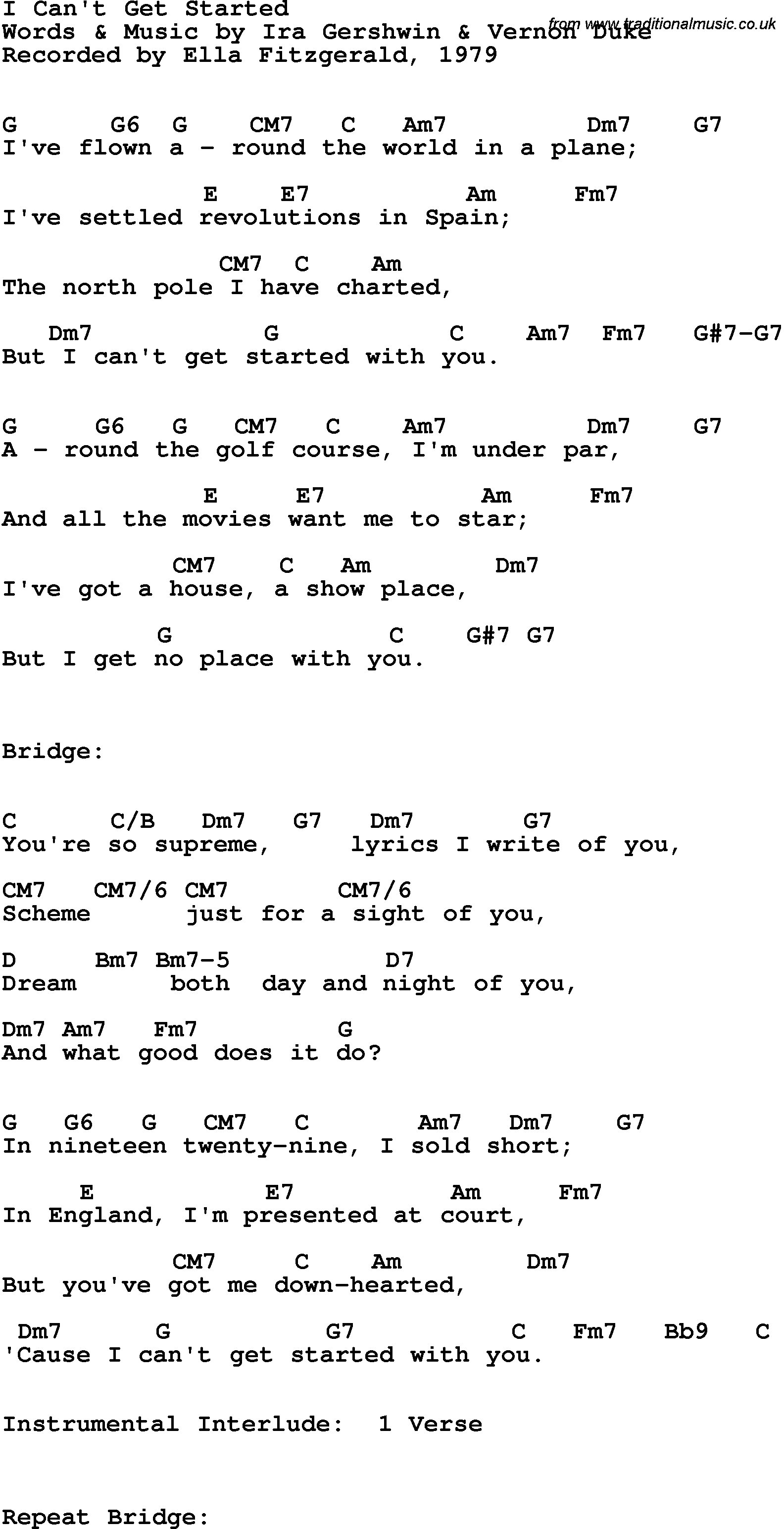 Song Lyrics with guitar chords for I Can't Get Started - Ella Fitzgerald, 1979