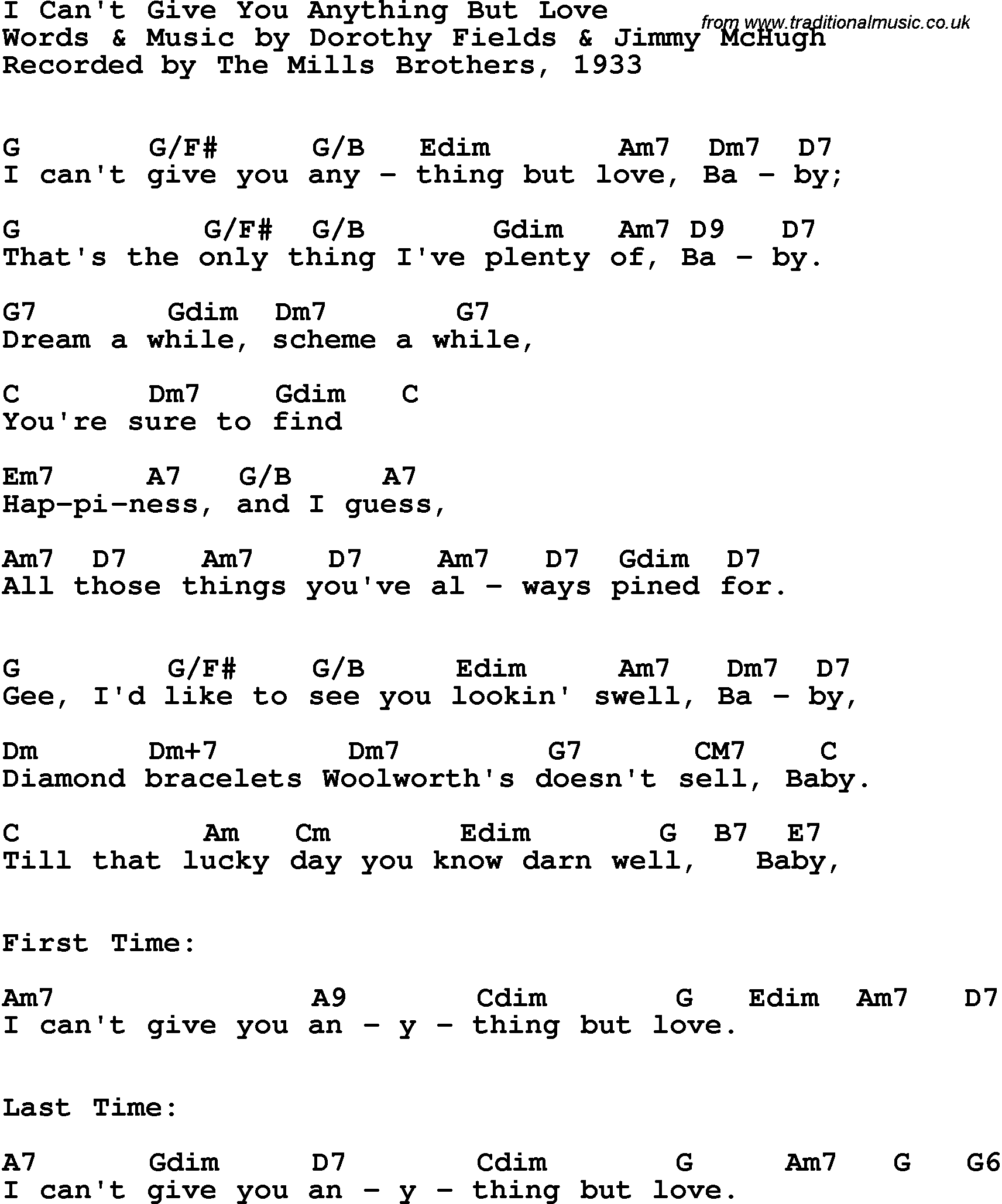 Song Lyrics with guitar chords for I Can't Give You Anything But Love - The Mills Brothers, 1933
