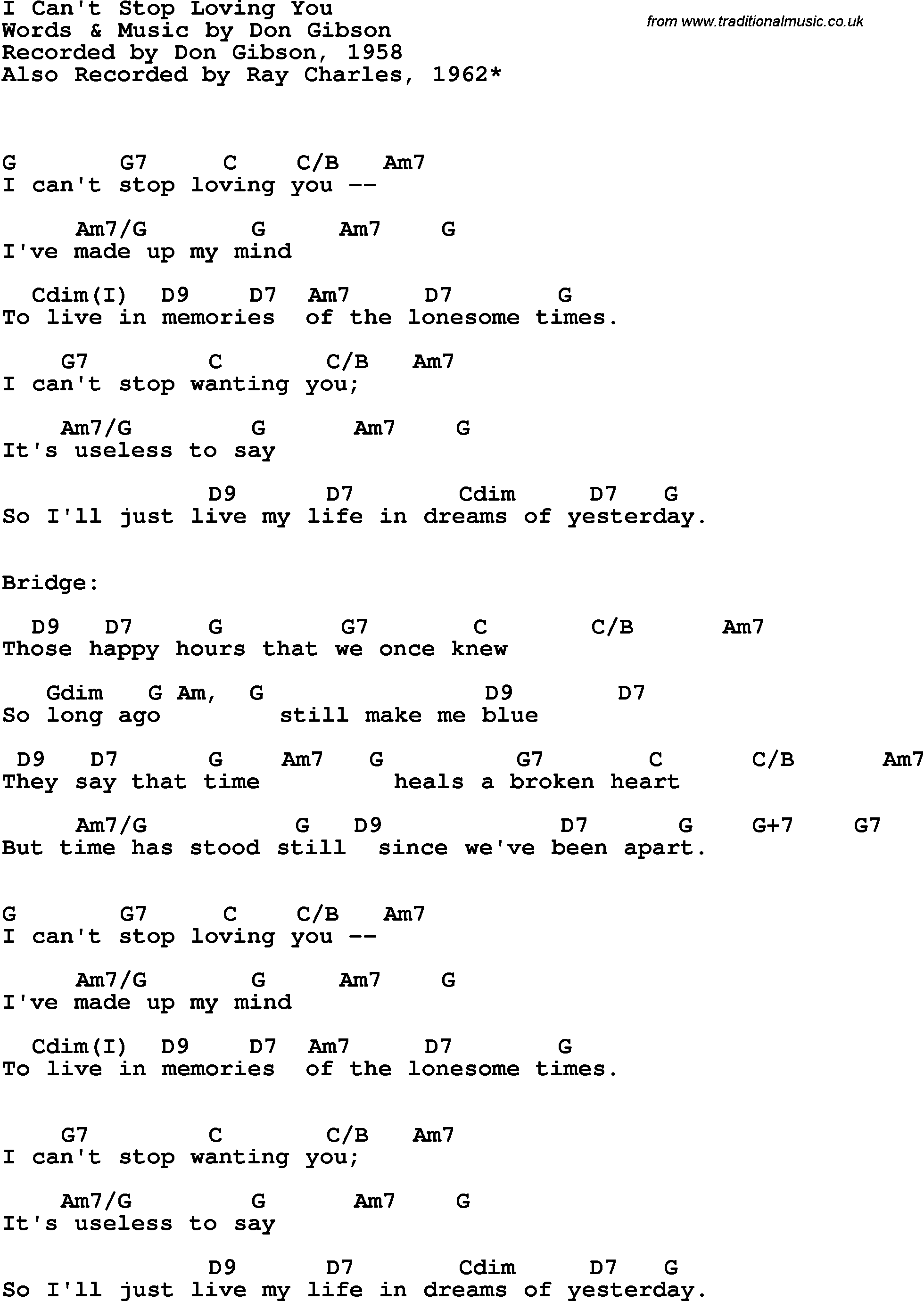 Song Lyrics with guitar chords for I Can't Stop Loving You - Ray Charles, 1962